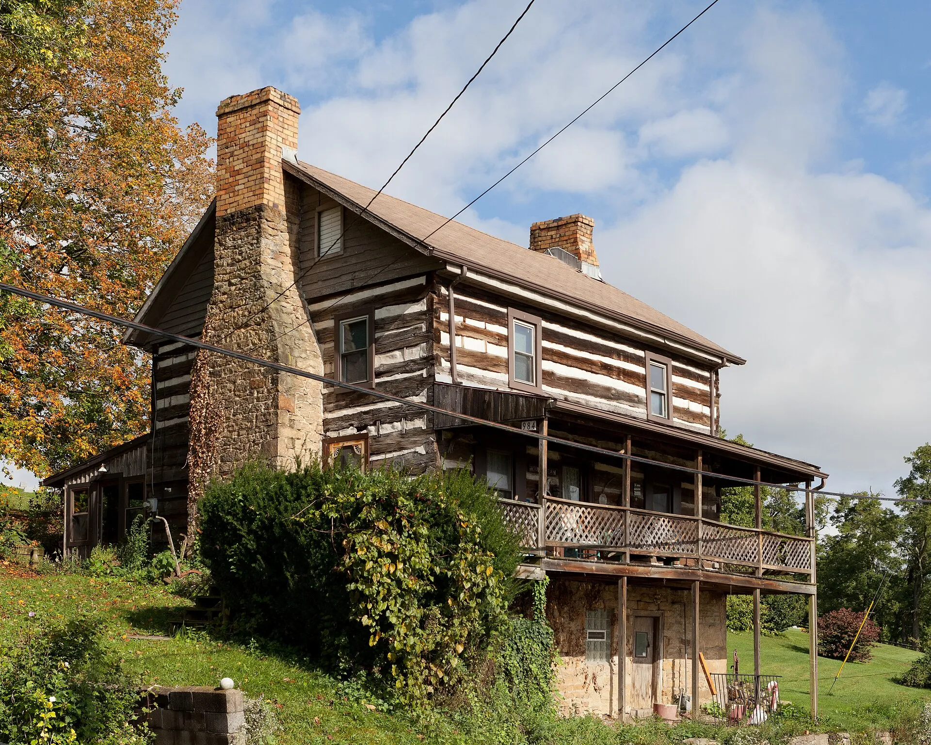Beallsville Historic District - circa 1788 log cabin, built by town founder Zephania Beall. South side.