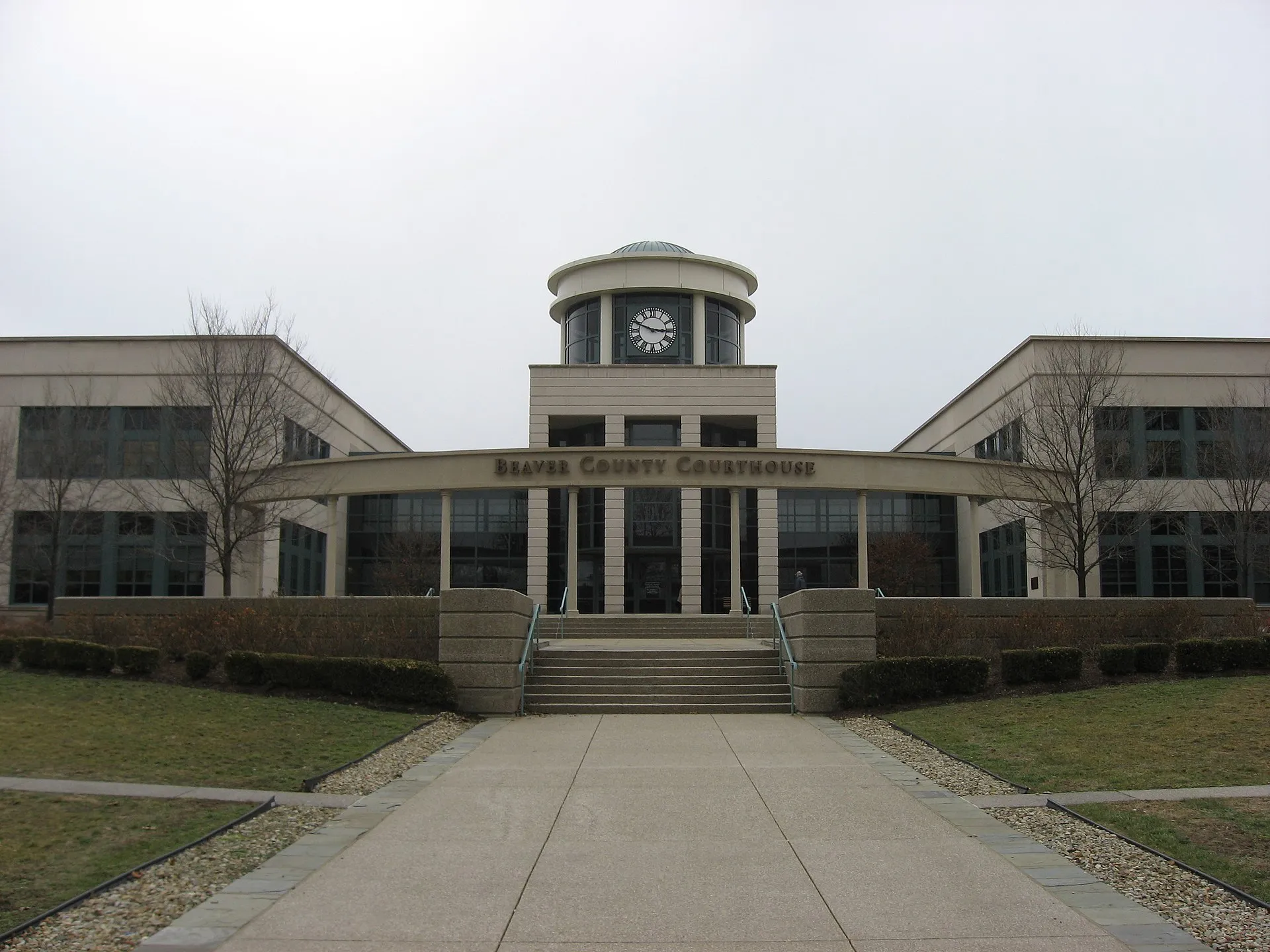 Frontal view of the Beaver County Courthouse, located along Third Avenue between Market and Commercial Streets in downtown Beaver , Pennsylvania , United States .