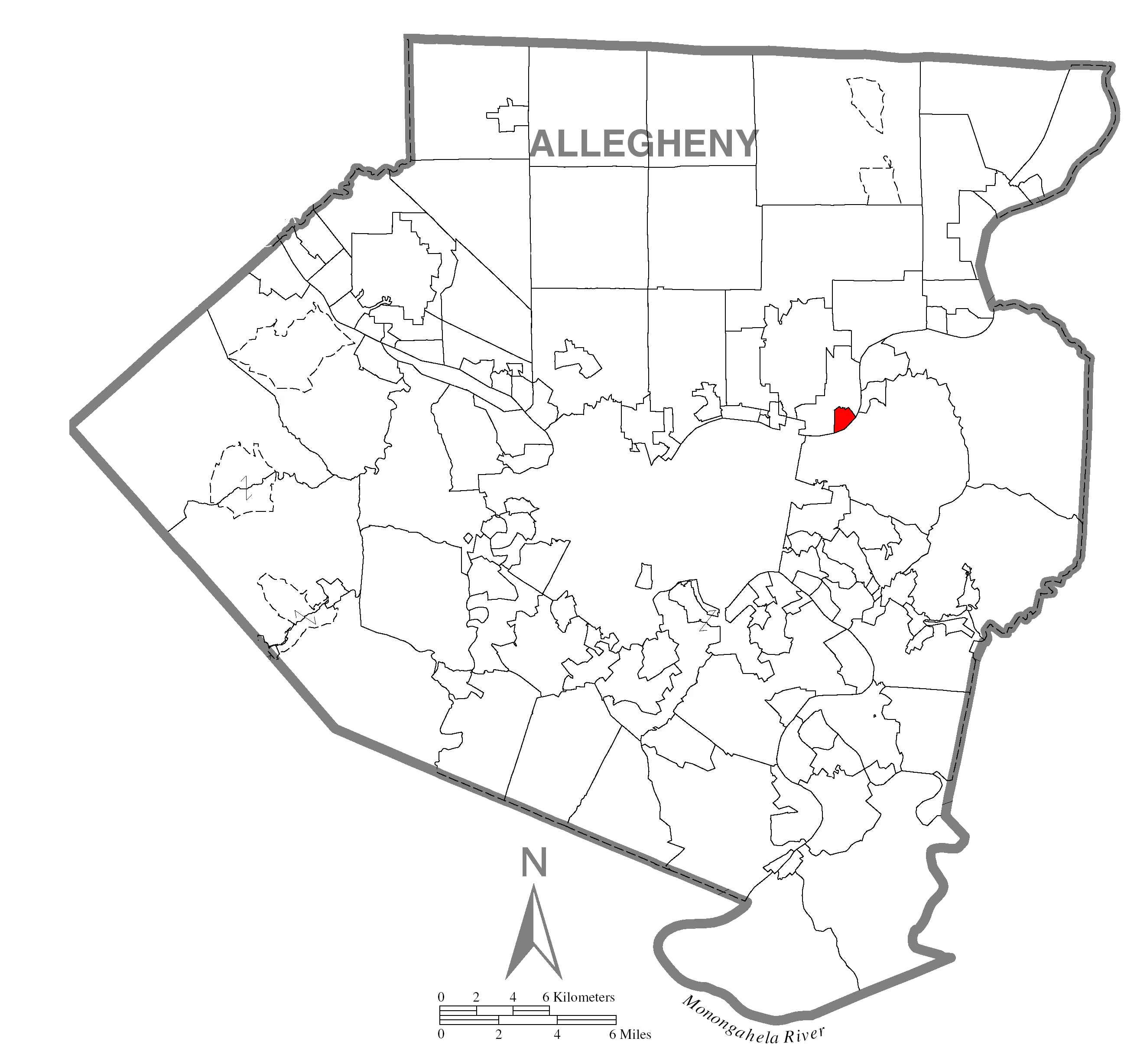 A map of Allegheny County showing Blawnox, Pennsylvania ( alternate ) highlighted on the map.