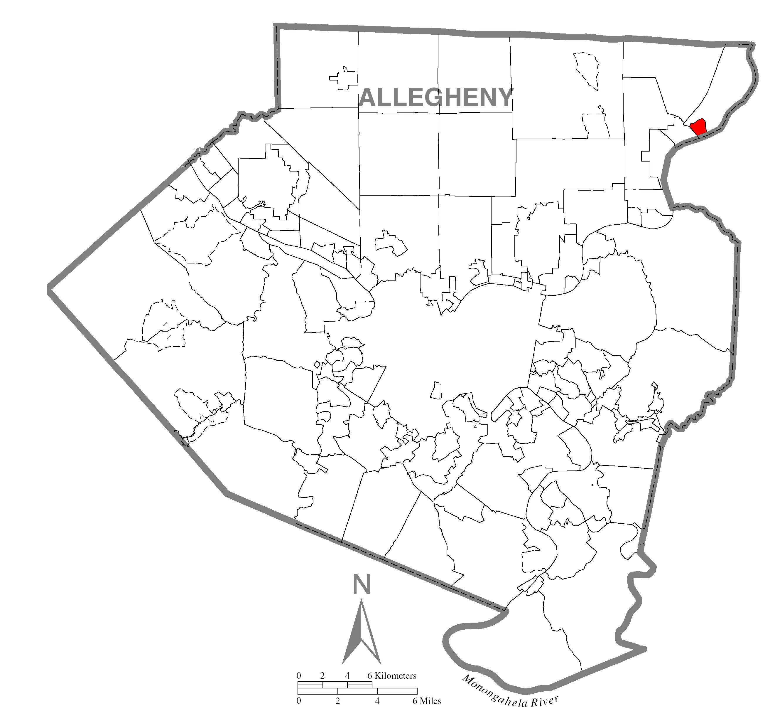 A map of Allegheny County showing Brackenridge, Pennsylvania ( alternate ) highlighted on the map.
