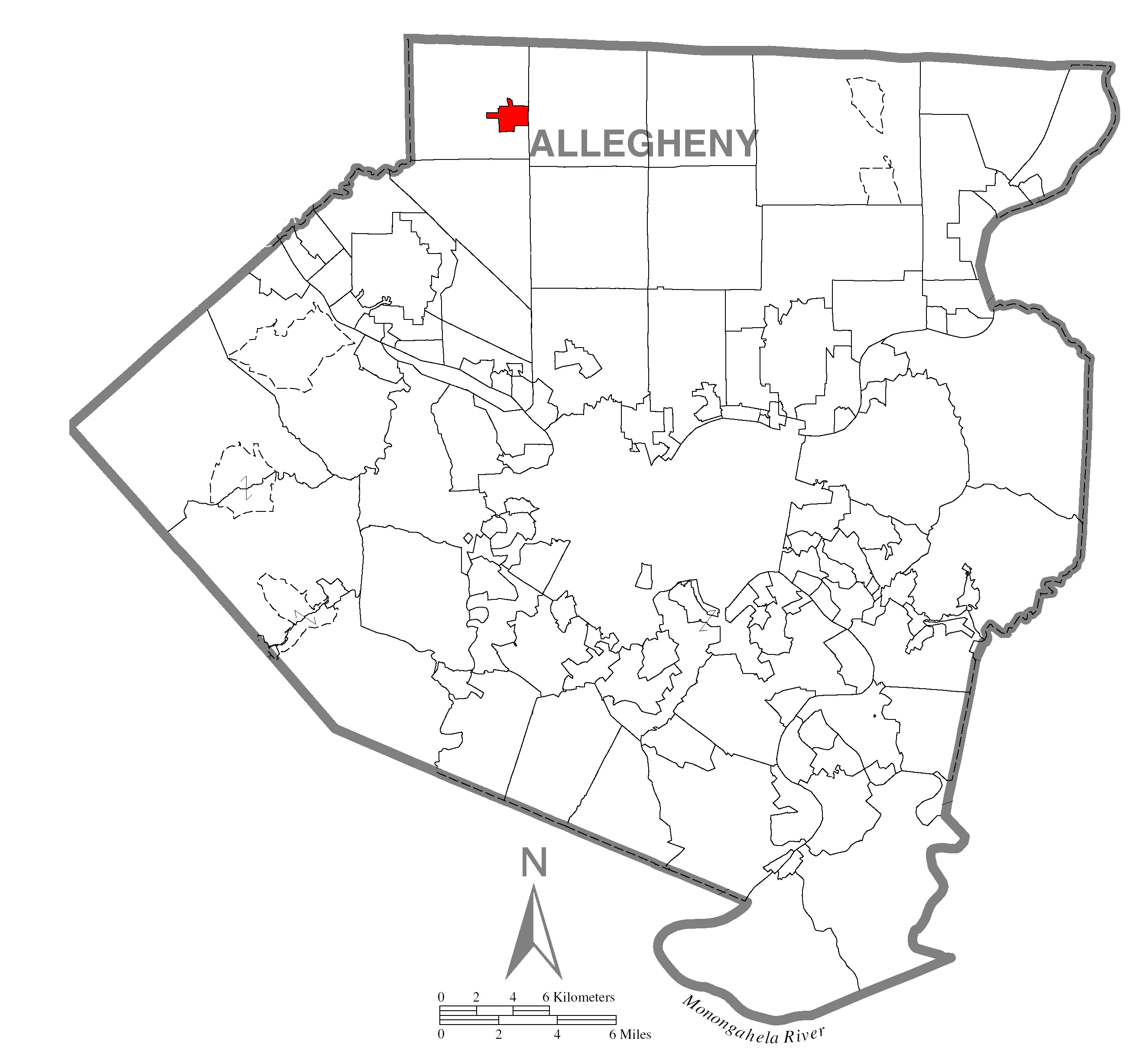 A map of Allegheny County showing Bradfordwoods, Pennsylvania ( alternate ) highlighted on the map.