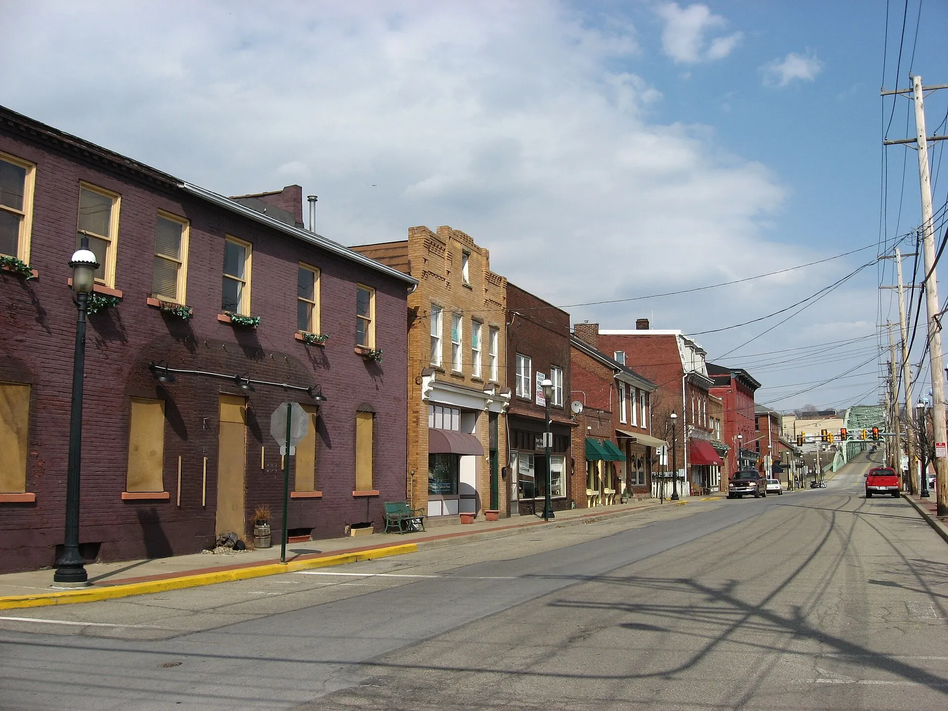 Buildings along the north side of Bridge Street in Bridgewater , Pennsylvania , United States , taken from the southwestern corner of the Mulberry Street intersection. This block is part of the Bridgewater Historic District , which is listed on the National Register of Historic Places .