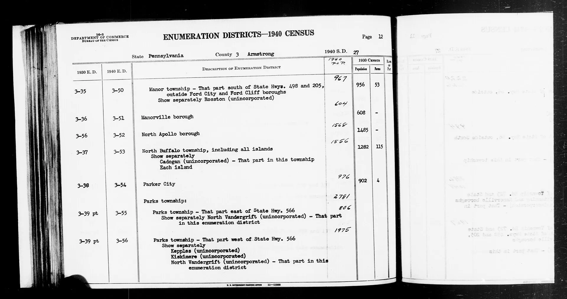 Scope and content: This item lists Enumeration Districts for: PA ED 3-50: MANOR TOWNSHIP OUTSIDE FORD CITY AND FORD CLIFF BOROUGHS S OF STATE HIGHWAY 498 AND STATE HIGHWAY 205, ROSSTON. PA ED 3-51: MANORVILLE BOROUGH. PA ED 3-52: NORTH APOLLO BOROUGH. PA ED 3-53: NORTH BUFFALO TOWNSHIP, CADOGAN (PART), ISLANDS. PA ED 3-54: PARKER CITY. PA ED 3-55: PARKS TOWNSHIP E OF STATE HIGHWAY 566, NORTH VANDE