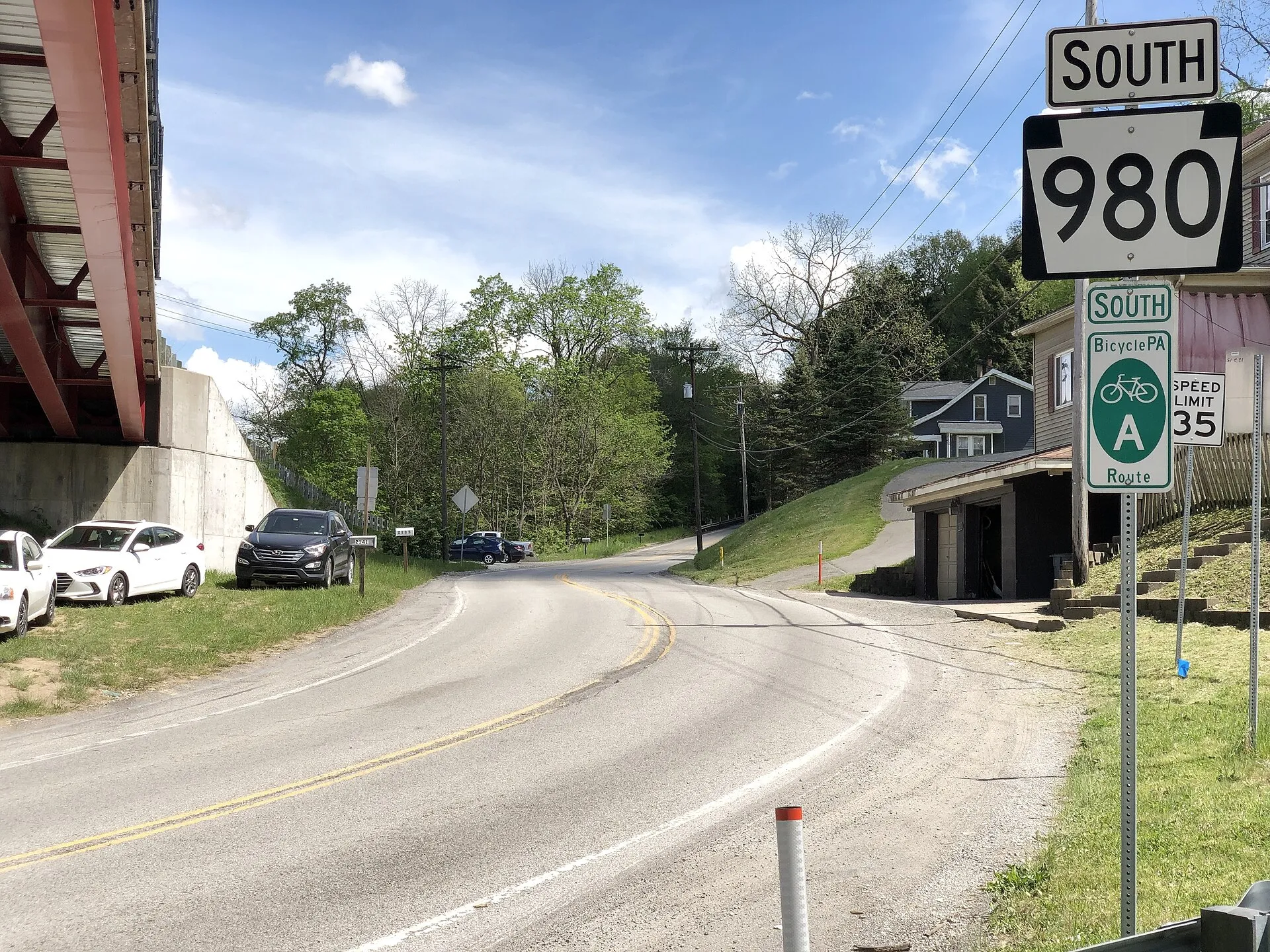 View south along Pennsylvania State Route 980 at Pennsylvania State Route 50 (Millers Run Road) in Cecil Township, Washington County, Pennsylvania
