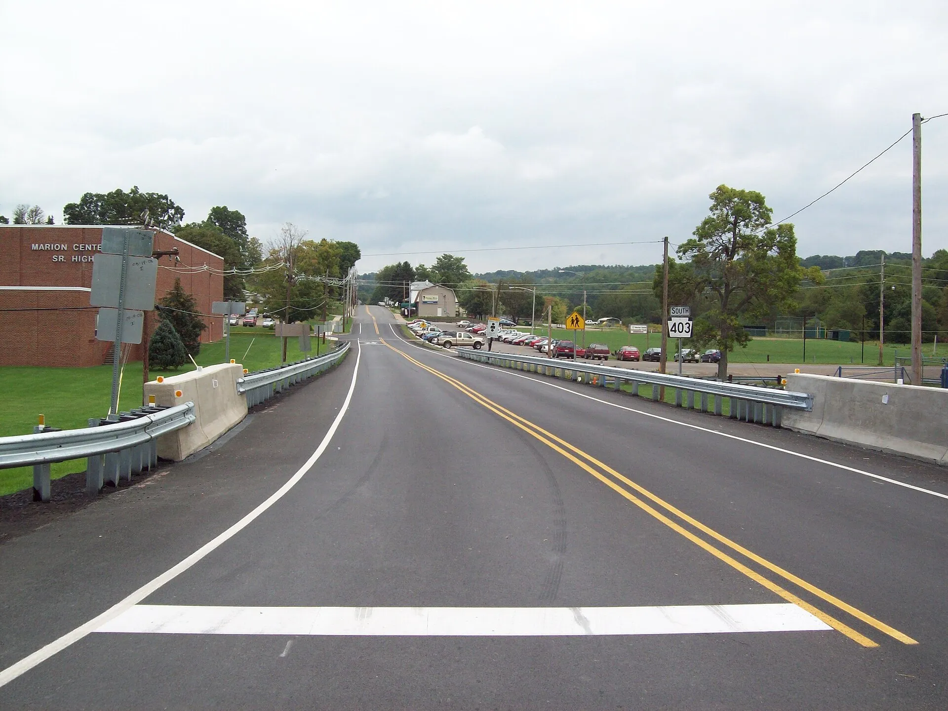 Photograph of Marion Center, Pennsylvania , as seen from the intersection of Main Street and Rt. 119. The local high school can be seen at far left.