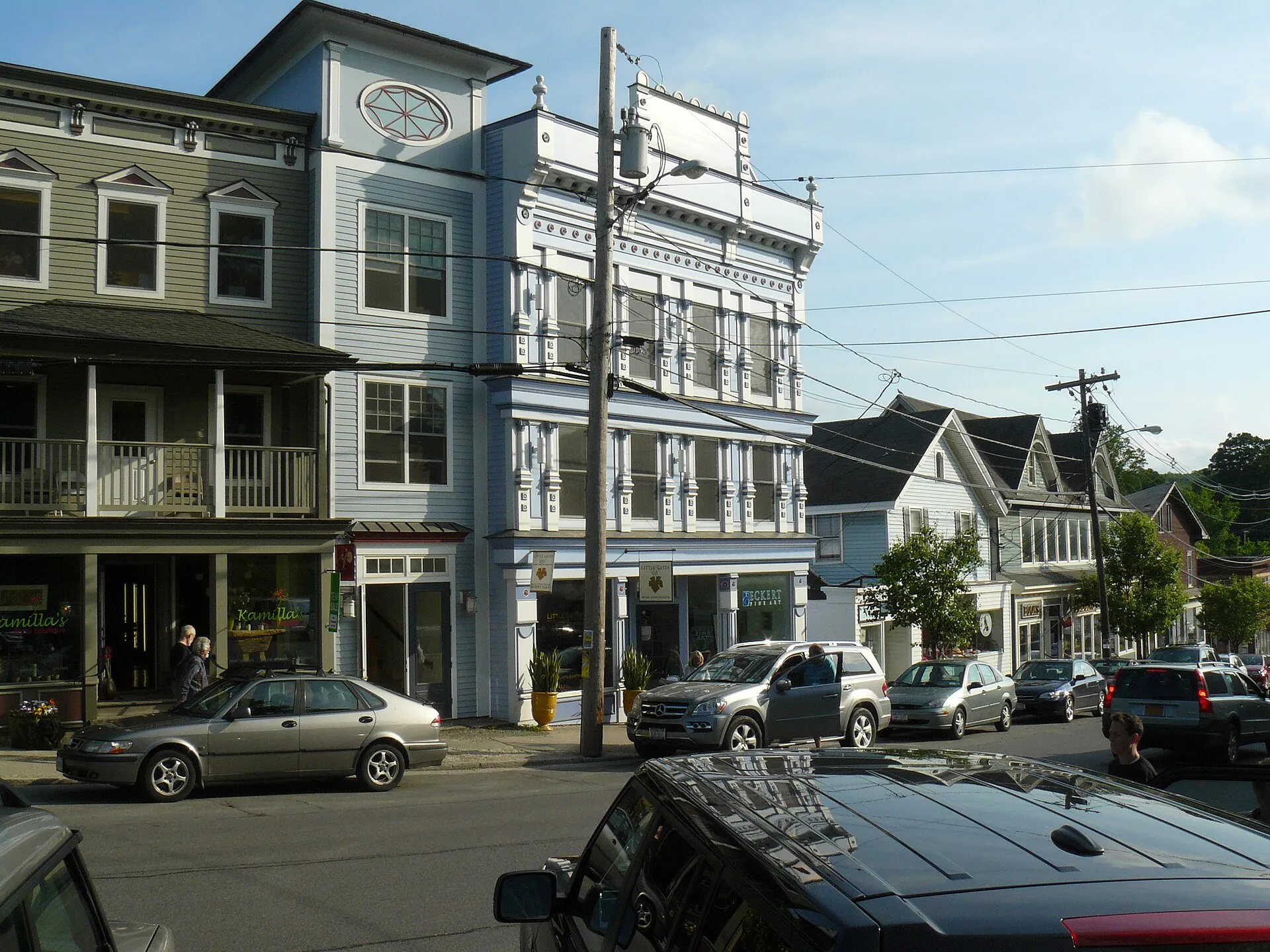 The business district of Millerton, New York with Little Gates wine shop and Eckert Fine Art gallery