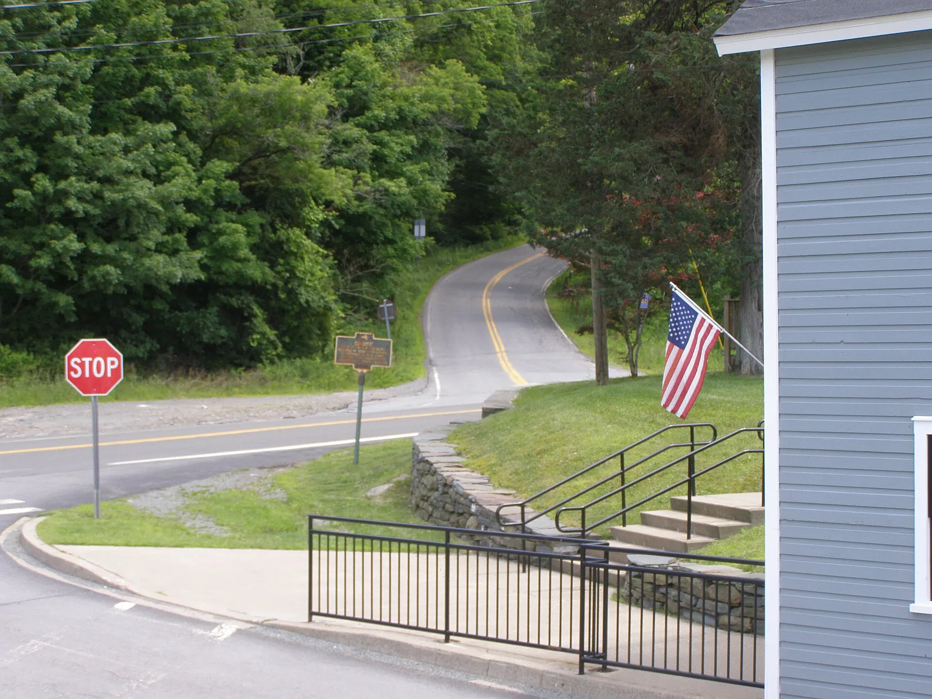 Minisink Road leaving NY Route 97 at the Roebling's Bridge crossing of the Delaware River, Lackawaxen, Penn