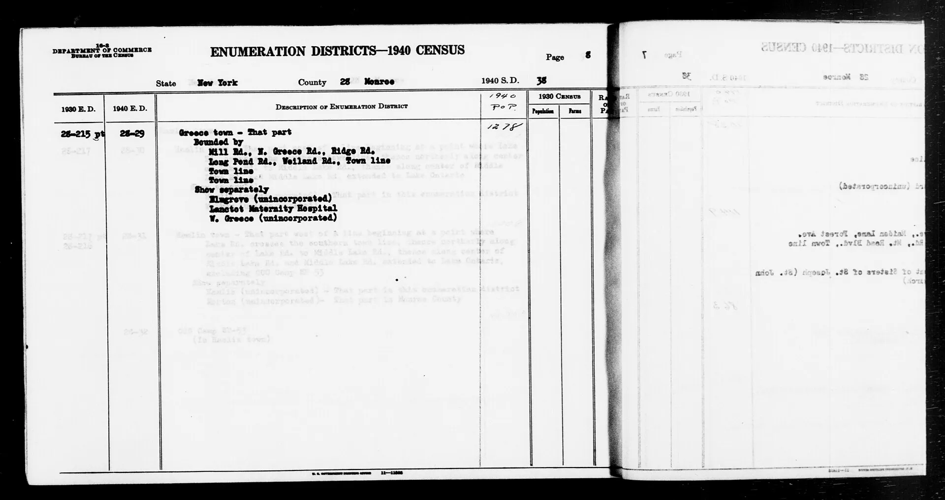Scope and content: This item lists Enumeration Districts for: NY ED 28-29: GREECE TOWN BOUNDED BY (N) MILL RD, N GREECE RD, RIDGE RD; (E) LONG POND RD, WEILAND …