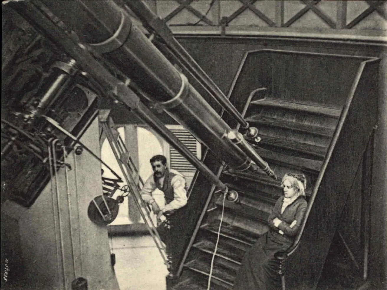 Postcard depicting Maria Mitchell in the Vassar College Observatory in June 1878. Postcard reads "Prof. Maria Mitchell in the Observatory