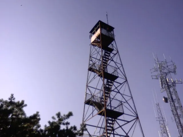 Fire tower atop Clove Mountain, with cell tower visible