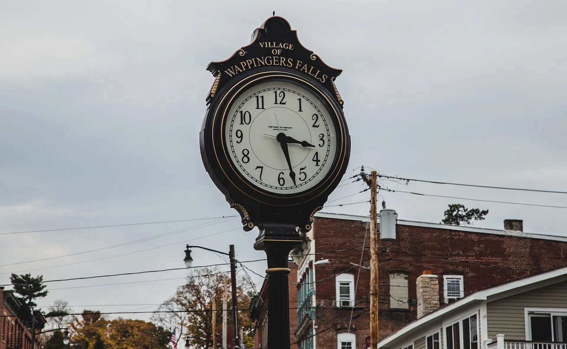 A clock on the Main Street Bridge over Wappinger Creek in the Village of Wappinger's Falls, New York