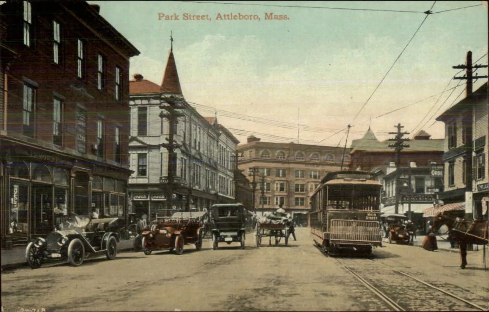 Divided back postcard of an Interstate Consolidated Street Railway streetcar on Park Street in Attleboro, Massachusetts. The car is signed "Main Street" - presumably….