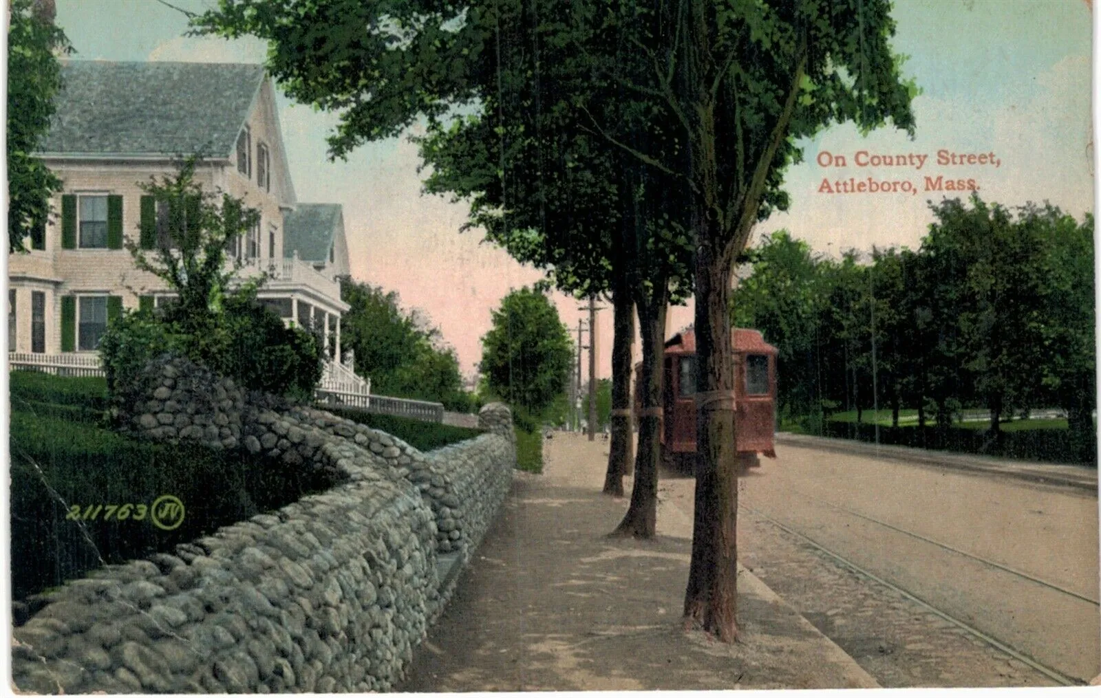 Divided back postcard of an Interstate Consolidated Street Railway streetcar on County Road in Attleboro, postmarked 1910.
