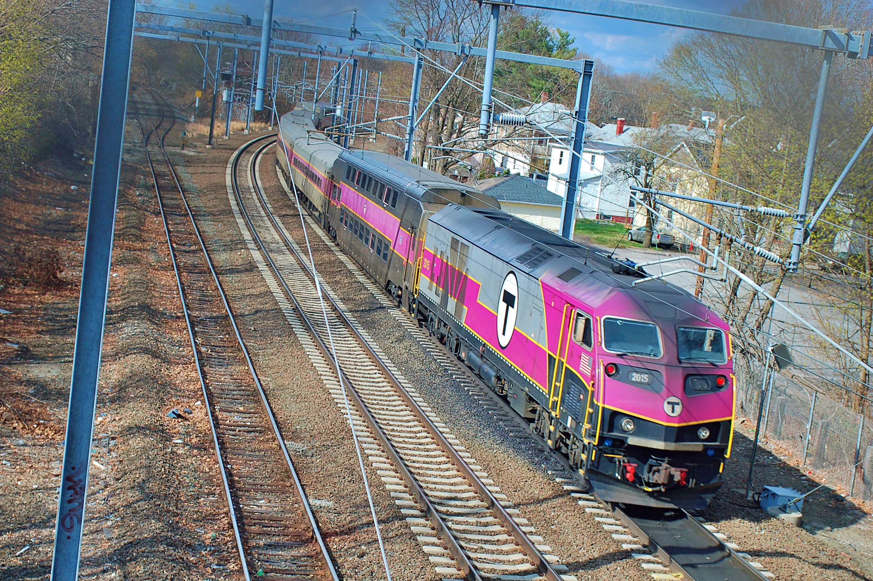 An inbound MBTA Providence/Stoughton Line train at Boston Switch, Central Falls, April 2021.