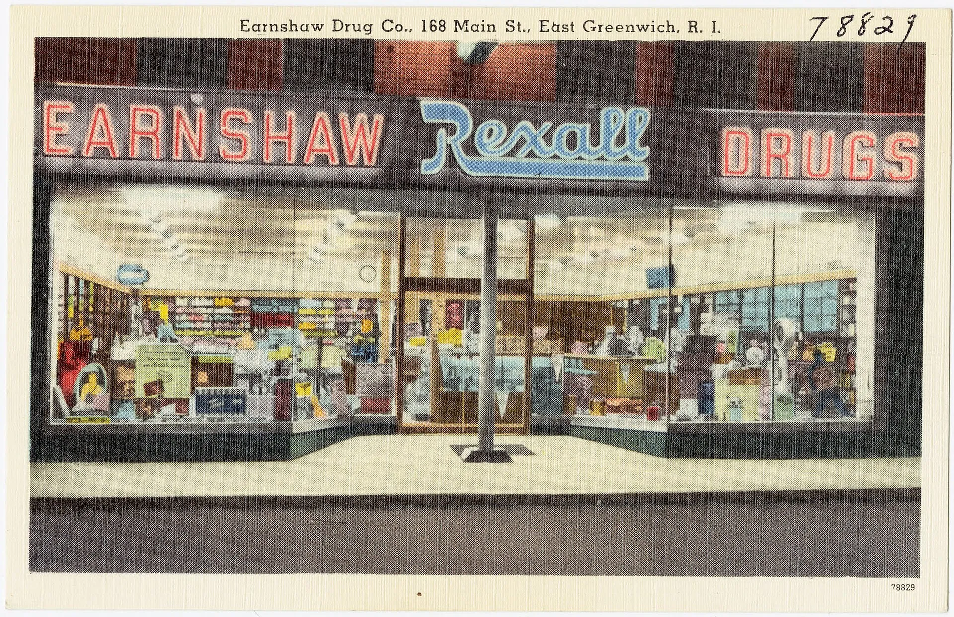 Vintage postcard view of Earnshaw Drug Co., 168 Main Street, East Greenwich.