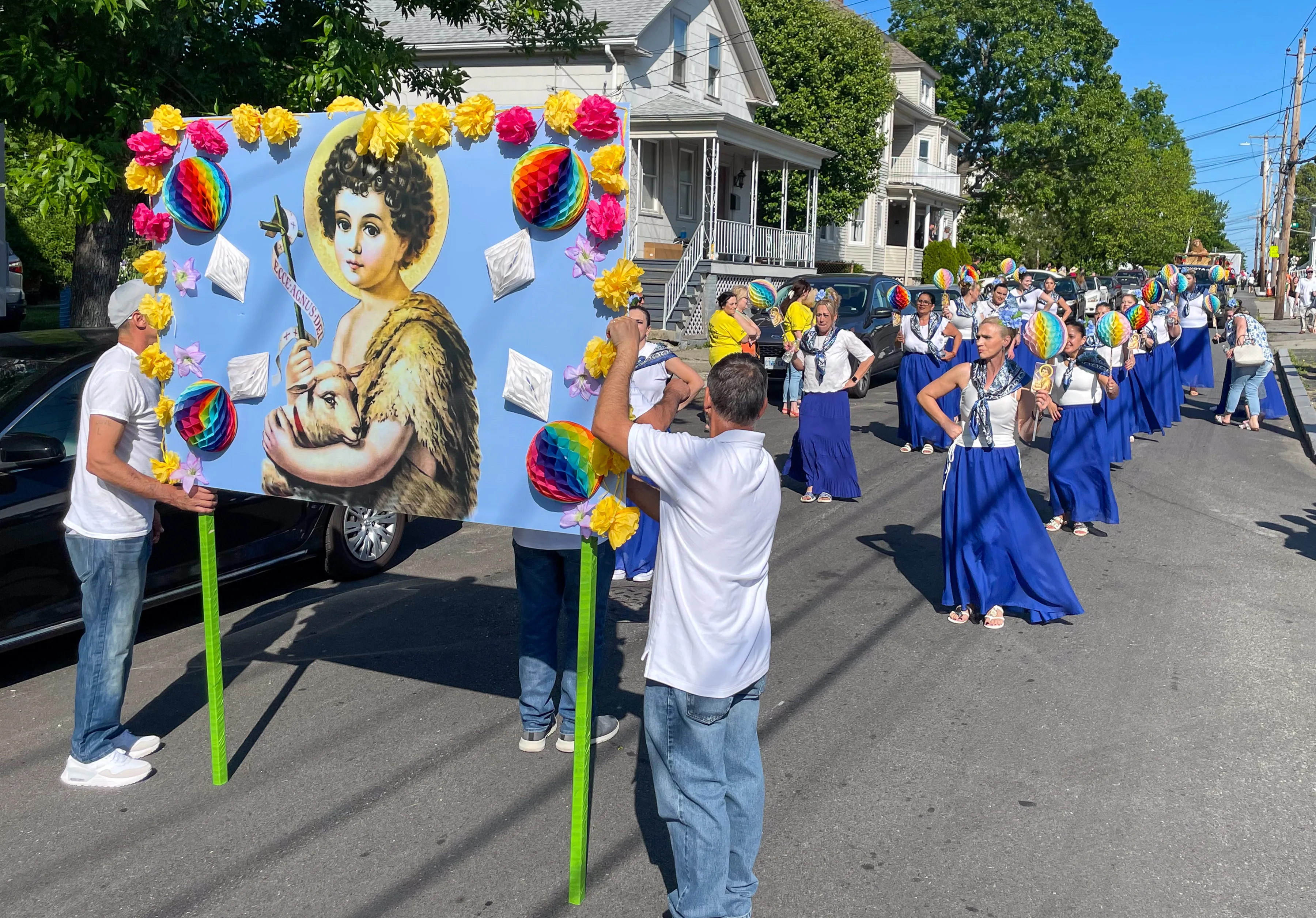 Dancers in the Bodo de Leite parade on Orchard Street, East Providence (part of the Great Feast of the Holy Ghost).