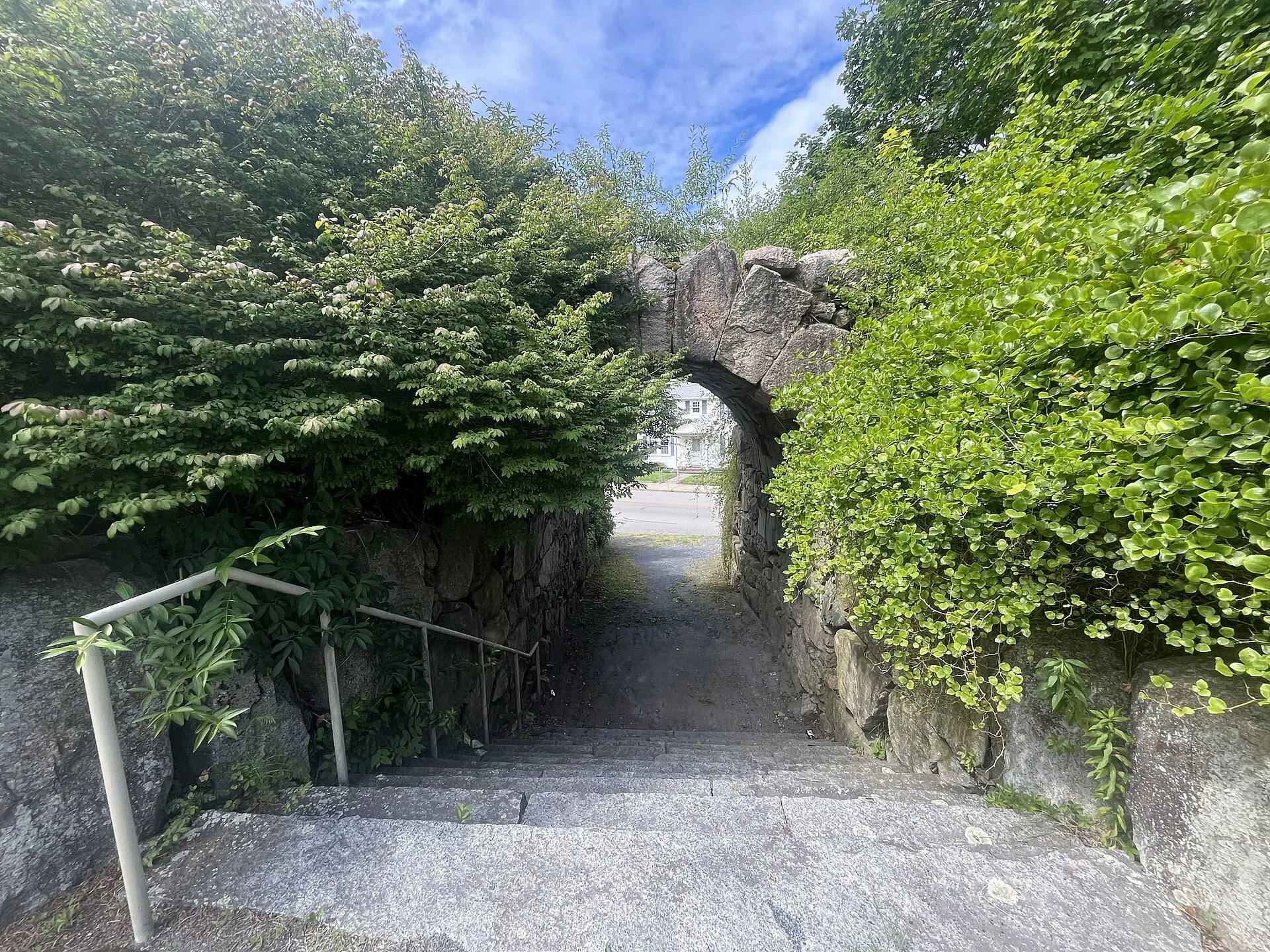 A photo of the steps leading through the Rockery, a Civil War cairn created by Frederick Law Olmstead in Easton, Massachusetts.