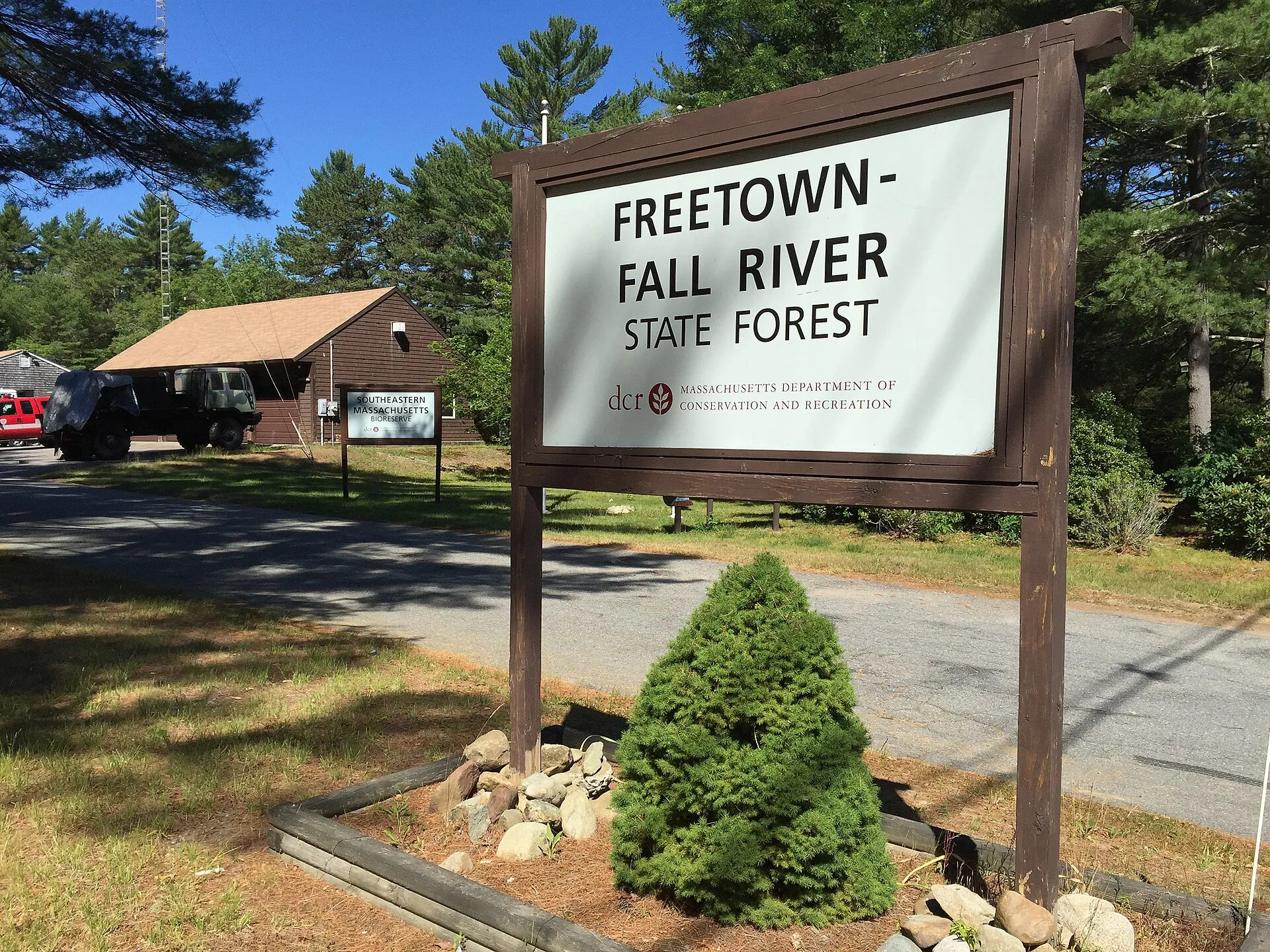 Freetown-Fall River State Forest entry sign.