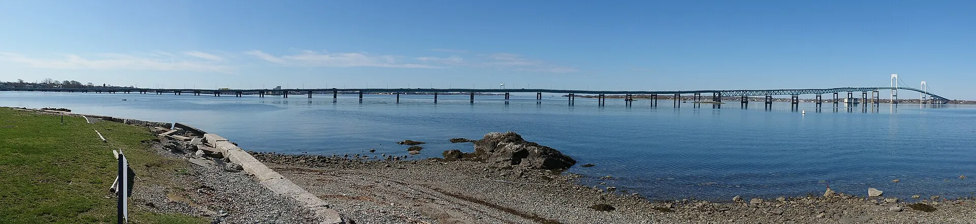 Panoramic view facing southwest of the Claiborne Pell Newport Bridge spanning the east passage of Narragansett Bay between Newport and Jamestown in Rhode Island.