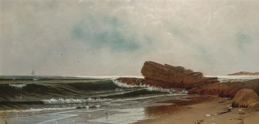 "The Beach at Naragansett, Looking South" by Alfred Thompson Bricher (19th century painting).