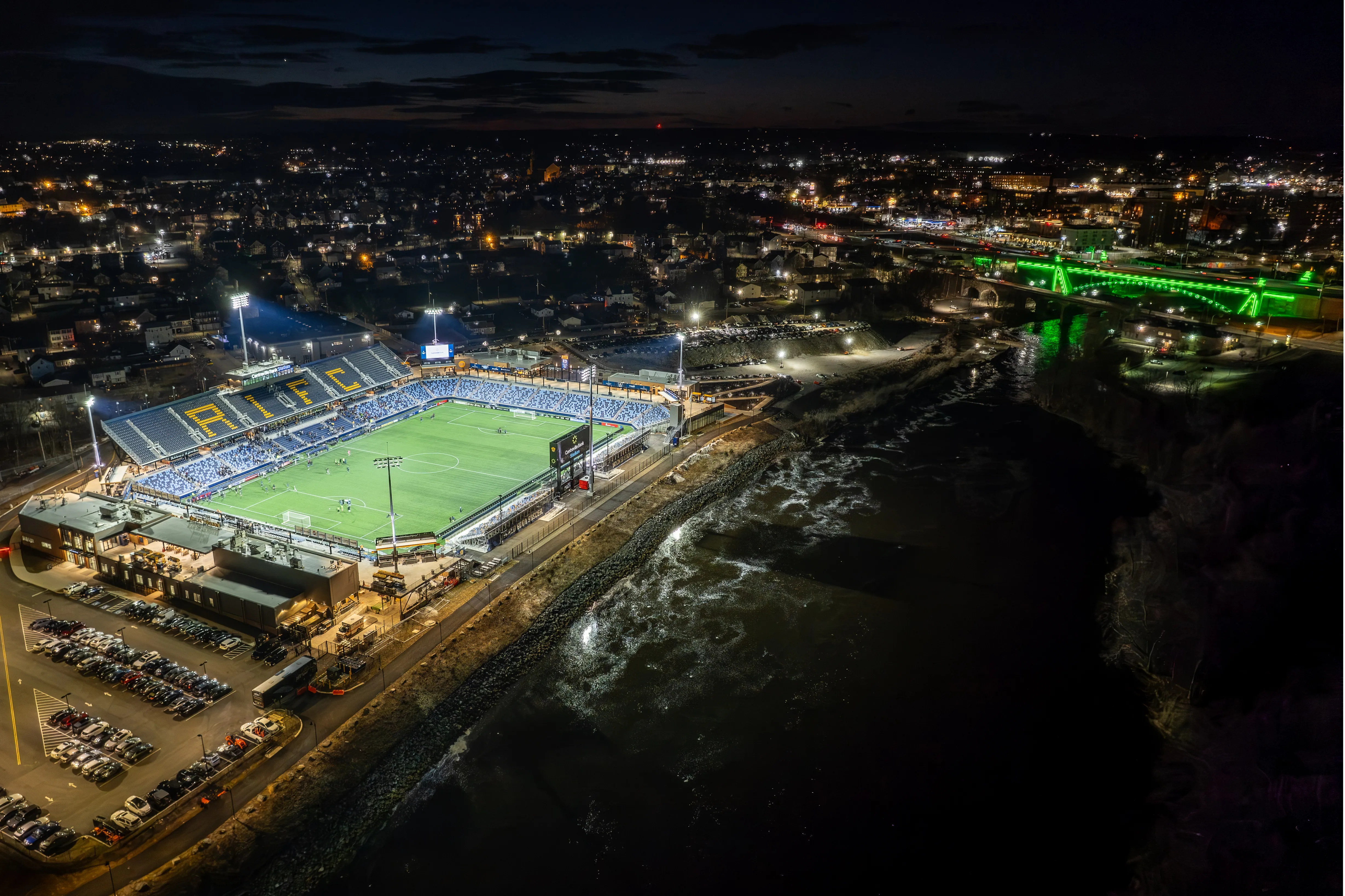 Night-time aerial view of Centreville Bank Stadium, Pawtucket, Rhode Island.
