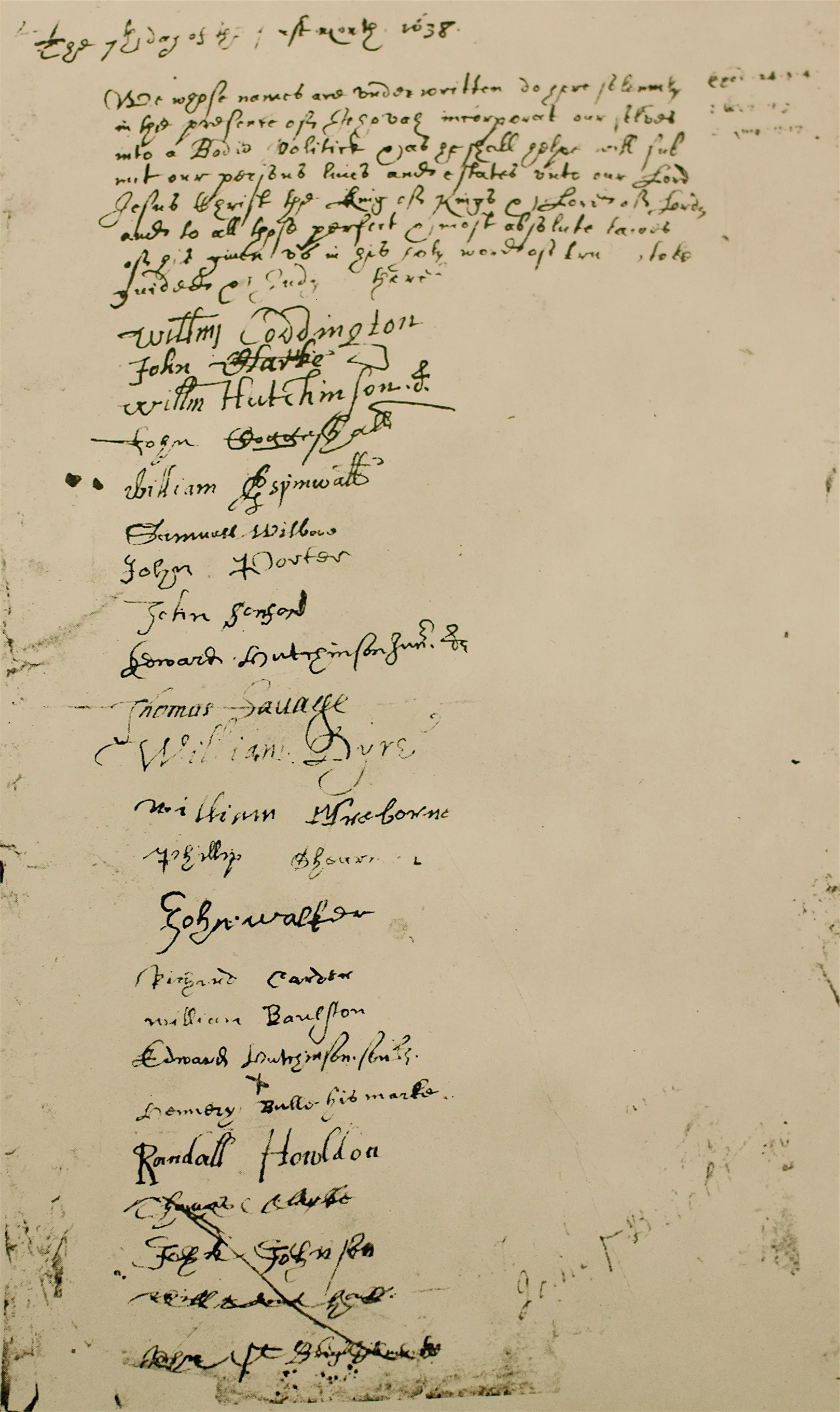 Image of the Portsmouth Compact, signed on March 7, 1638, establishing the settlement of Portsmouth, Rhode Island. Signatories are William Coddington, John Clarke,….