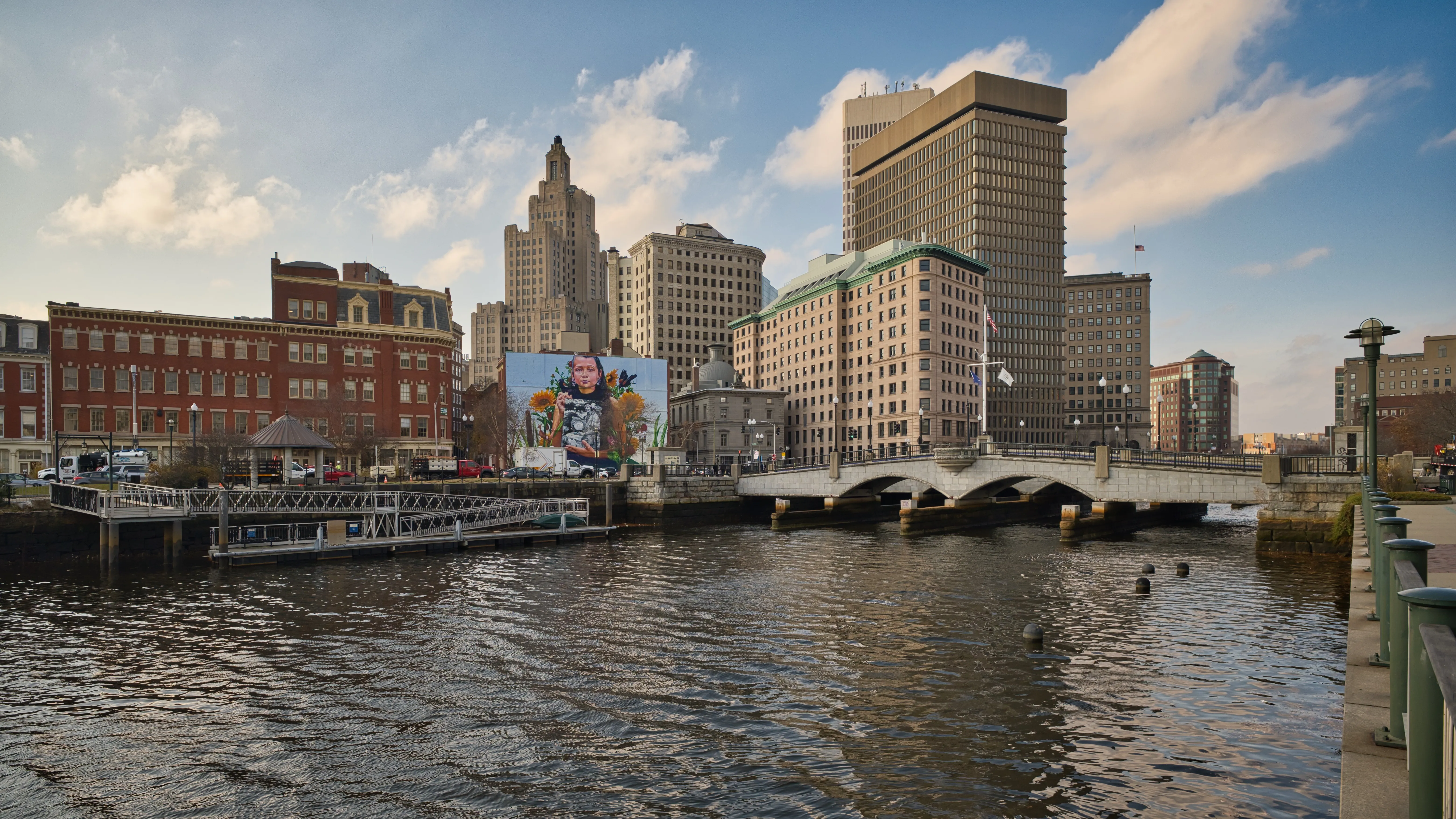 Downtown Providence skyline and the Providence River, from South Water Street.