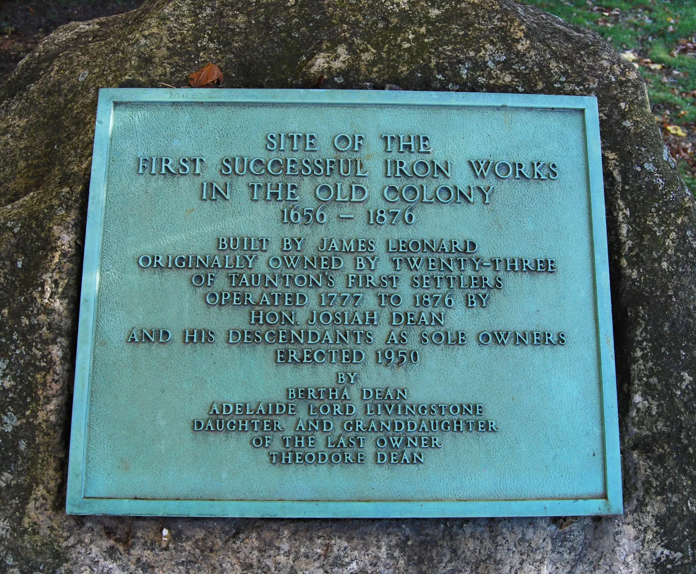 Bronze plaque at site of Taunton Iron Works (established 1656) on the Two Mile River in what is now Raynham, Massachusetts.