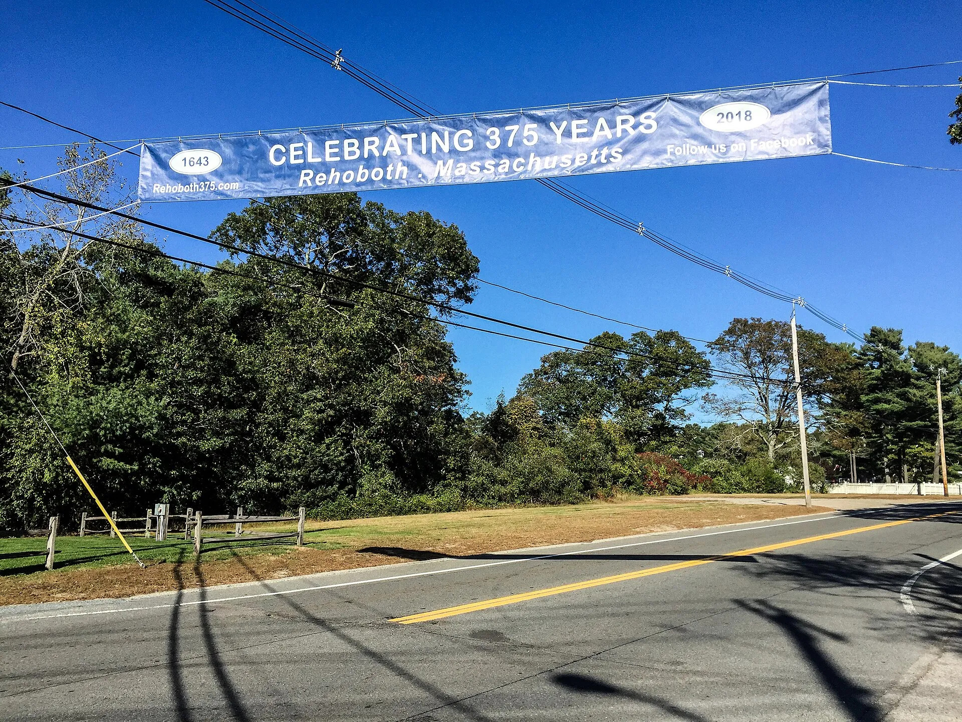 Banner across Route 44 in Rehoboth, Massachusetts notes the town's 375th anniversary in 2018.