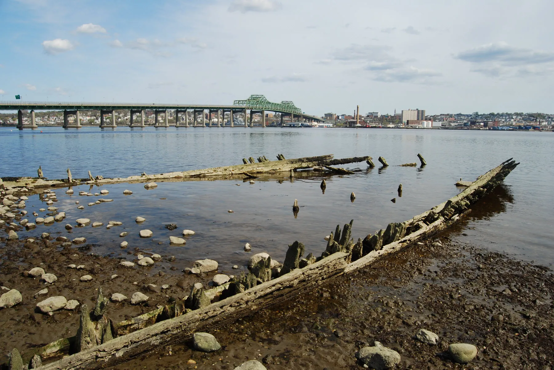 Wreck of the City of Taunton, a freight steamer of the Fall River Line. Located on the western shore of Mount Hope Bay at Brayton Point in Somerset, Massachusetts.