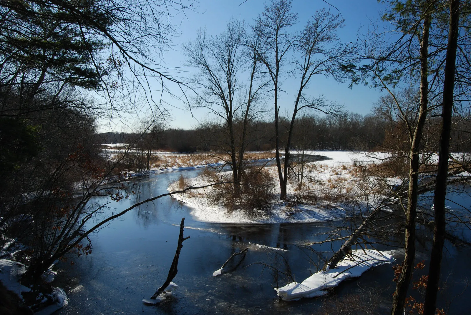 View of Three Mile River in winter from Boyden Wildlife Refuge, Taunton, Massachusetts.