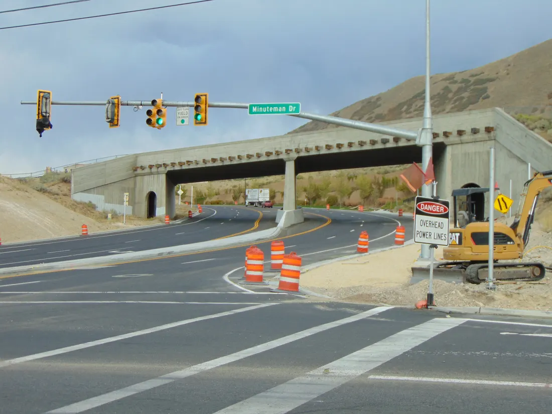 Bridge over Highland Drive, that carries the Porter Rockwell Trail (a potentially future TRAX line), in Draper, Utah, with the Traverse Mountains in the background, September 2016