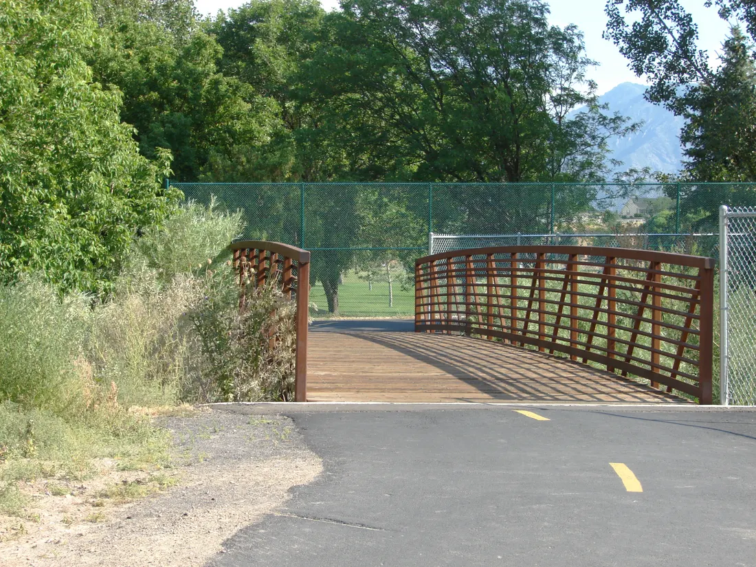 A bridge across the Mill Race Canal on the Spanish Fork River Trail, just southwest of Canyon View Park, Spanish Fork, Utah, July 2015