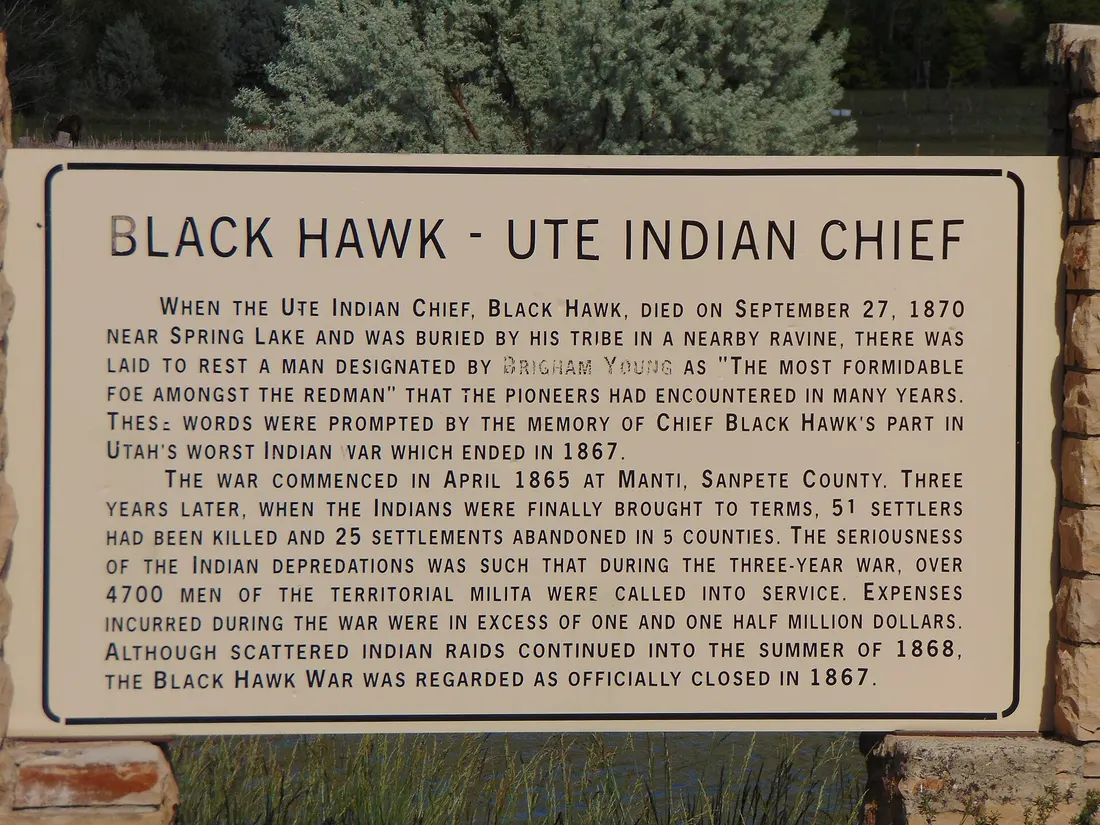 A commemorative sign for the Ute Indian Chief Black Hawk in on the shore of Spring Lake in Spring Lake, Utah, May 2016