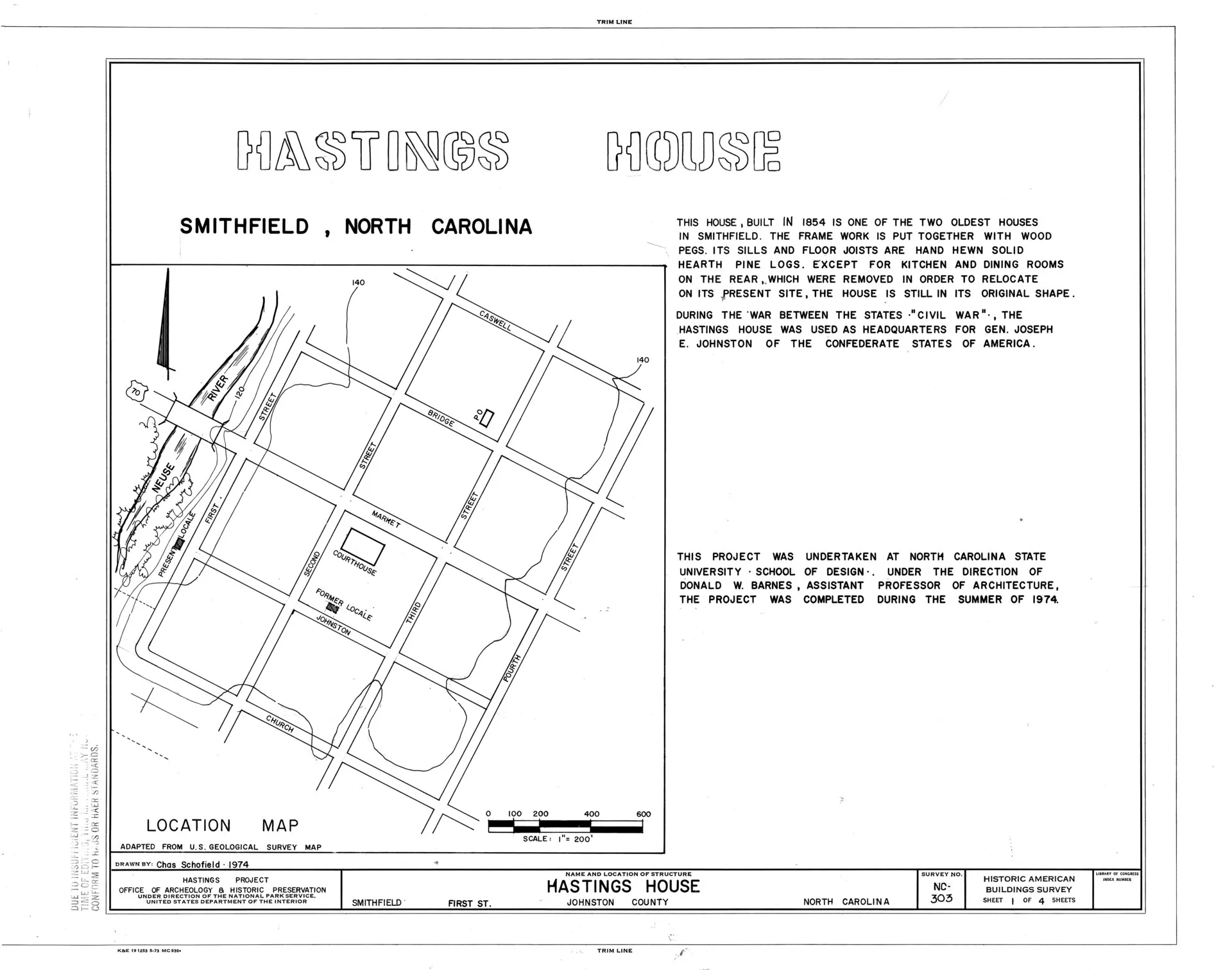 Hastings House, Johnston Street (moved to First Street), Smithfield, Johnston County, NC HABS NC,51-SMIT,1- (sheet 1 of 4).tif