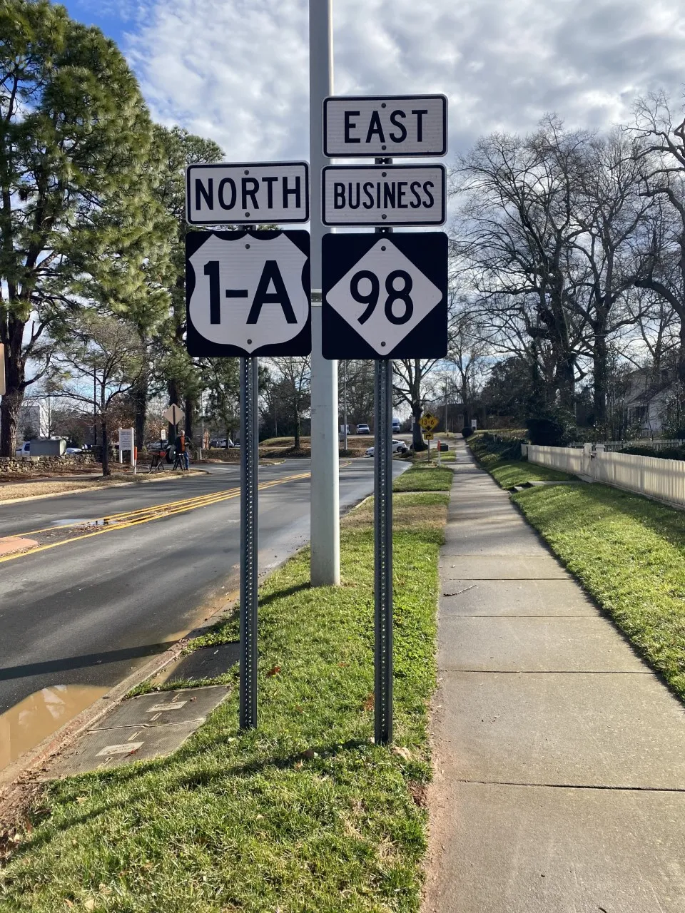 Highway sign along U.S. Route 1A and North Carolina Highway 98 Business in Wake Forest, North Carolina