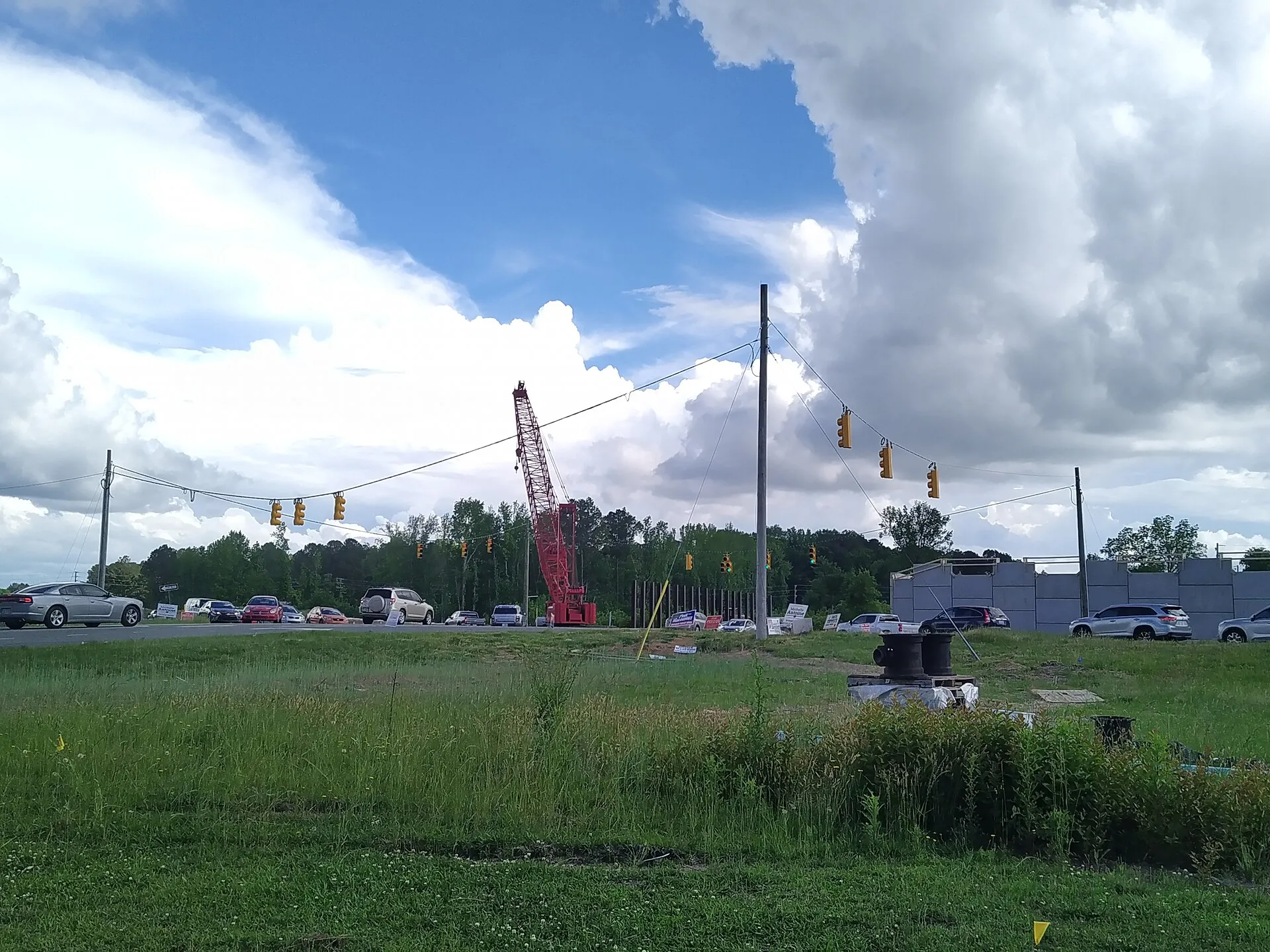 Overpass under construction, US 70 at Wilson's Mills Road, Wilson's Mills, NC. Photo taken from the parking lot of the BBQ restaurant in May 2022.