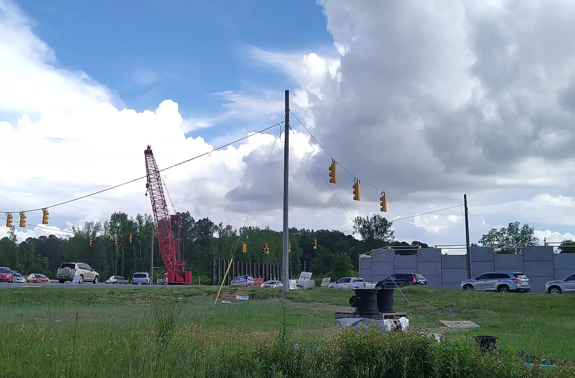 Overpass under construction, US 70 at Wilson's Mills Road, Wilson's Mills, NC. Photo taken from the parking lot of the BBQ restaurant in May 2022.