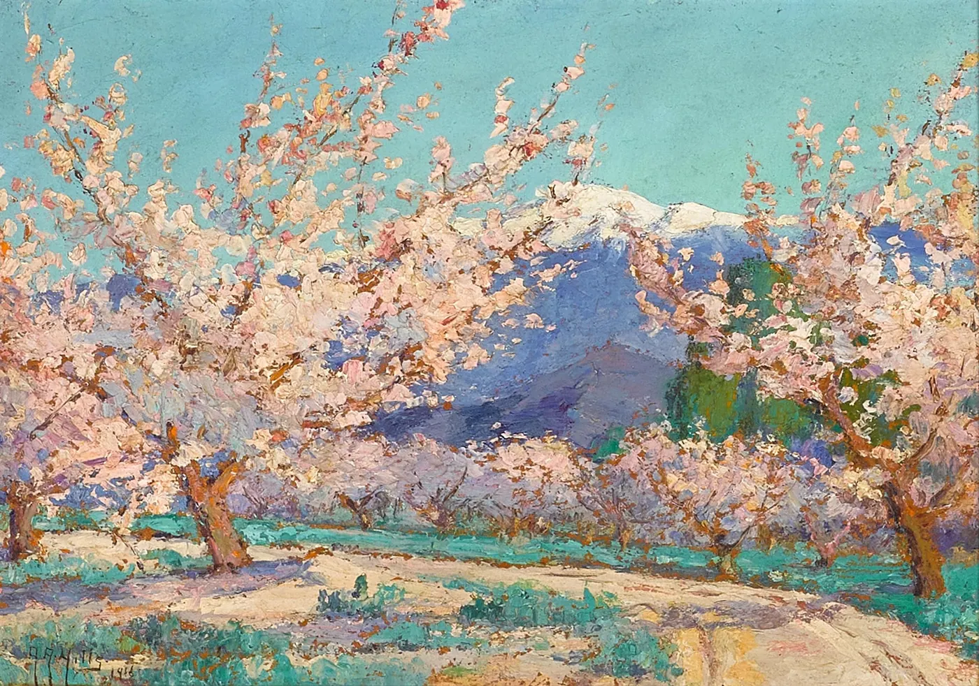 Anna Althea Hills, 'Springtime, Almond Trees, Banning, California', 1916 — oil painting of almond trees in bloom near Banning