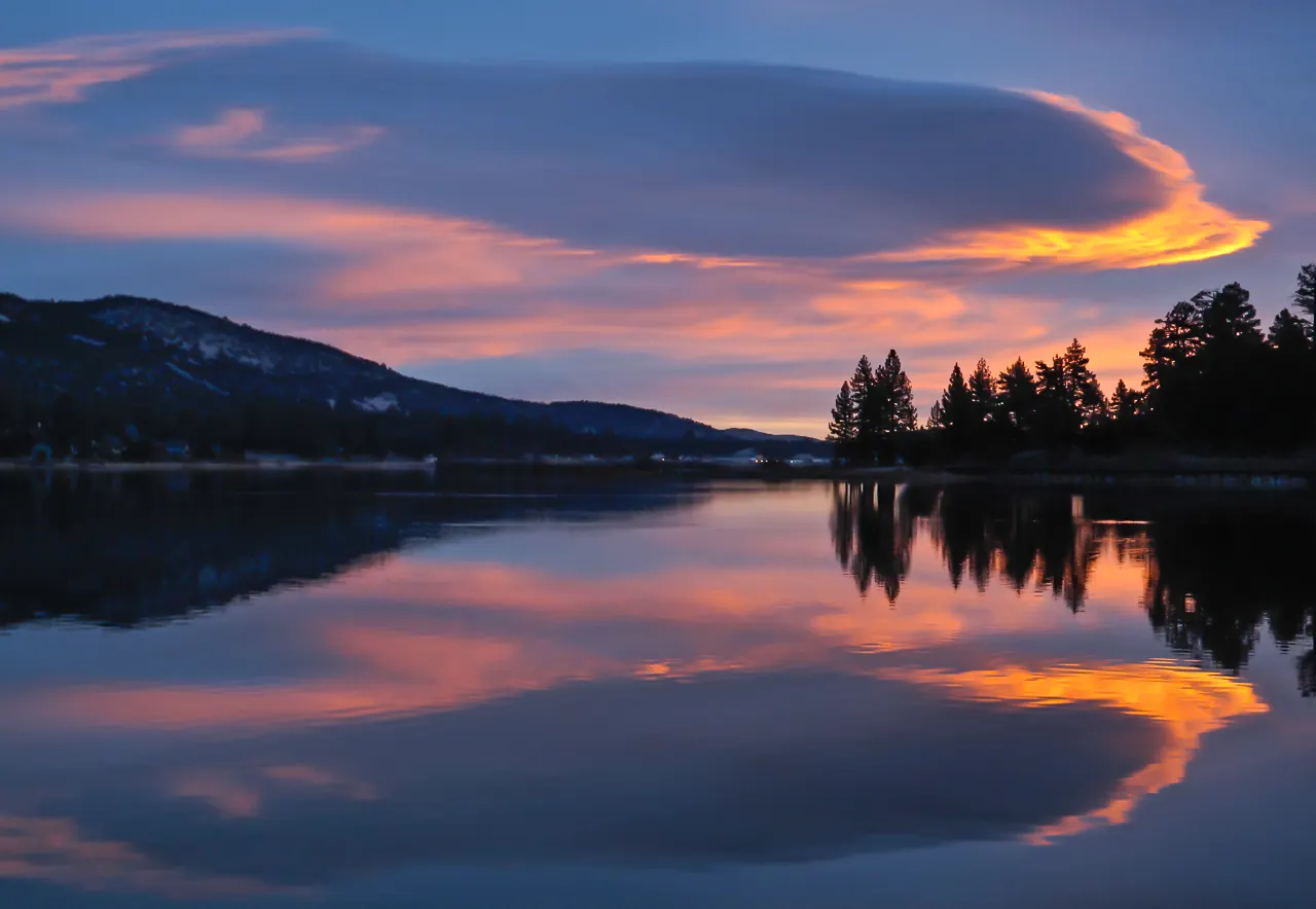 Sunrise and lake reflections at Big Bear Lake