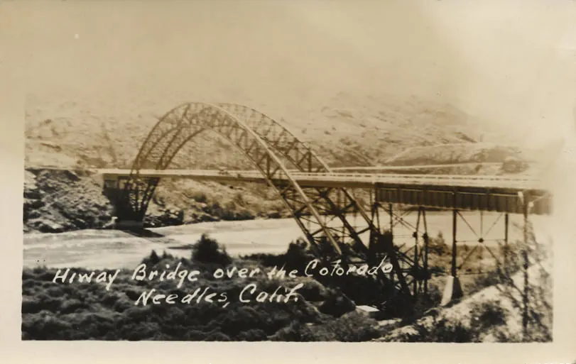 Vintage postcard view of a bridge spanning the Colorado River near Needles