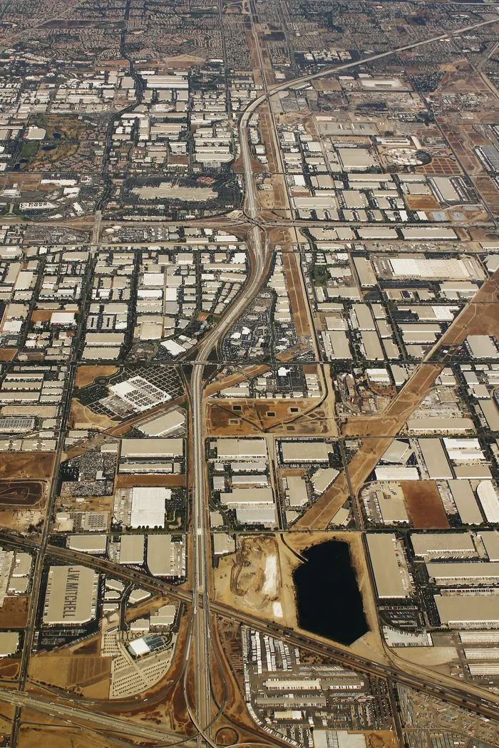 Aerial view of the I-15 / CA-60 interchange, Ontario