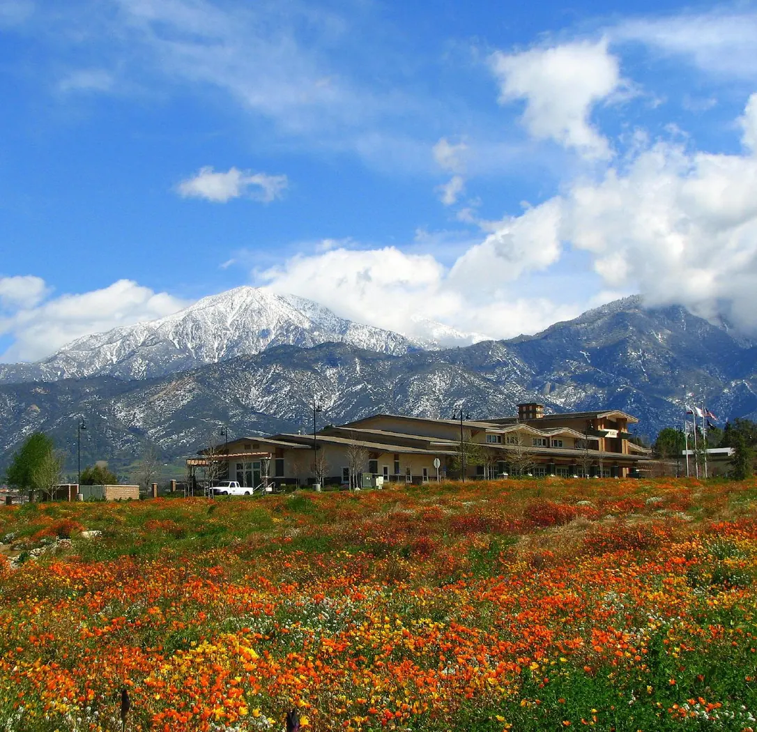 Yucaipa City Hall, California, with San Bernardino Peak in the background