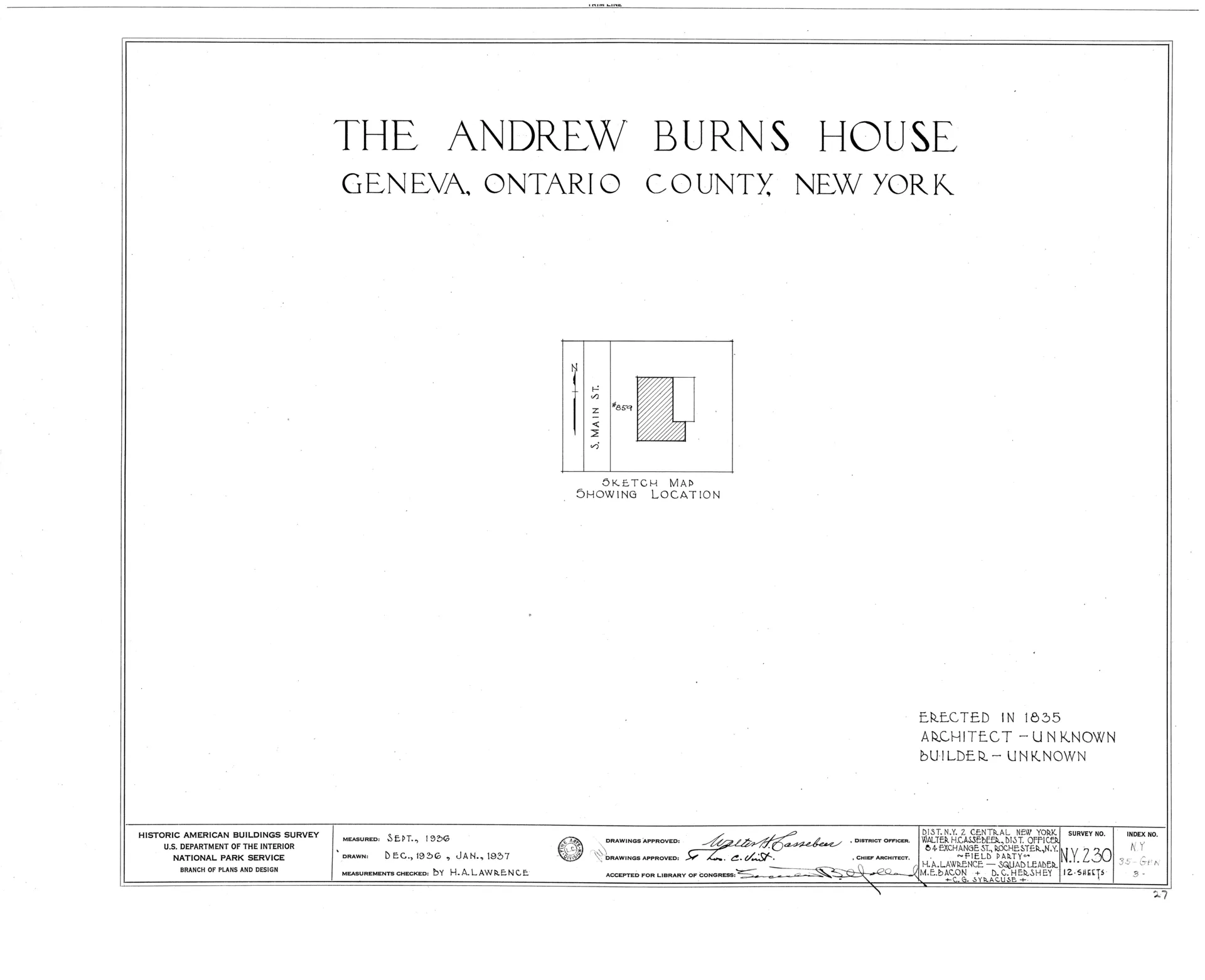 Andrew Burns House 859 South Main Street Geneva Ontario County NY HABS NY 35 GEN 3 sheet 0 of 12