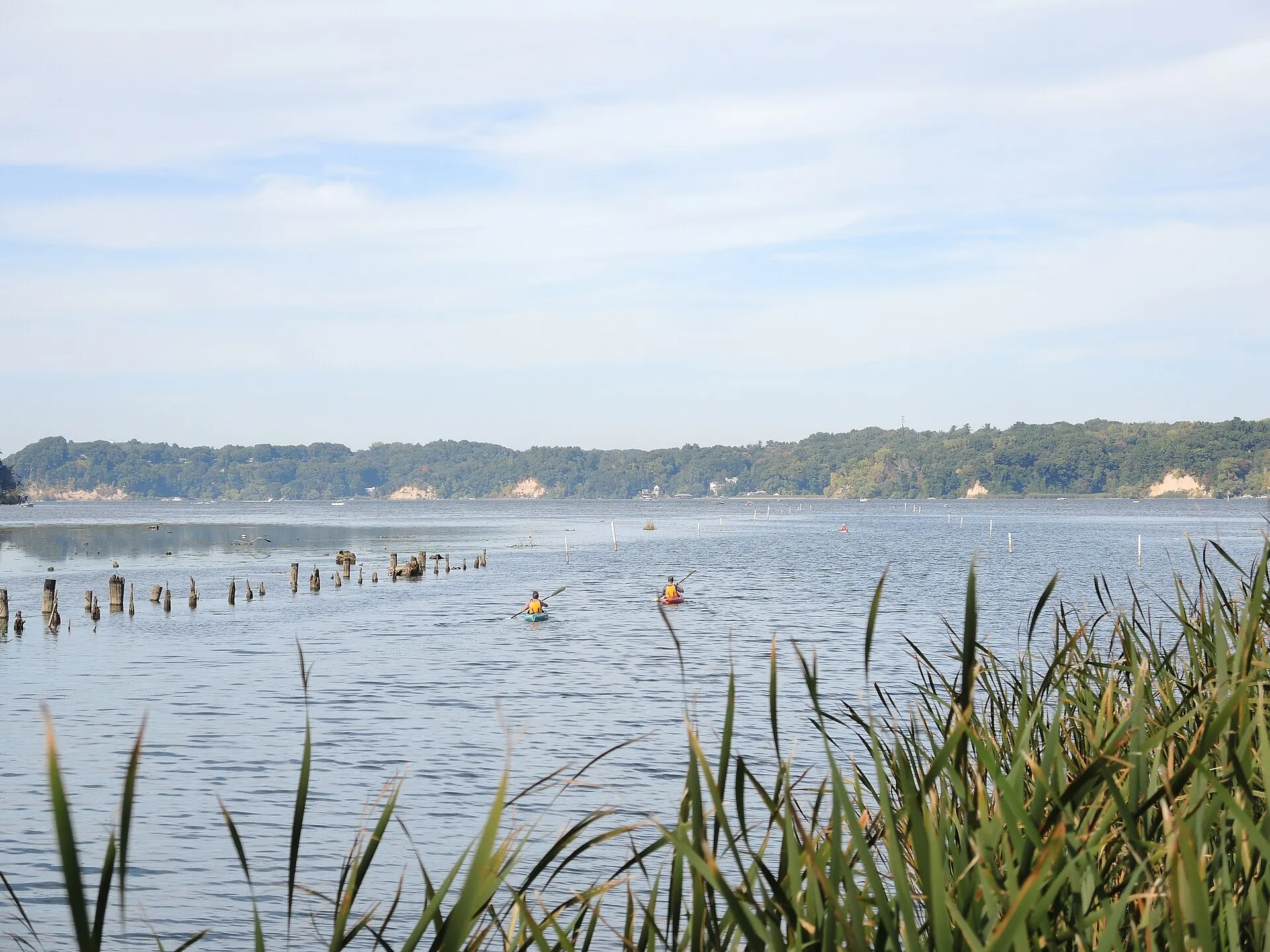 The mouth of Irondequoit Creek flowing into Irondequoit Bay, viewed from LaSalle's Landing Park
