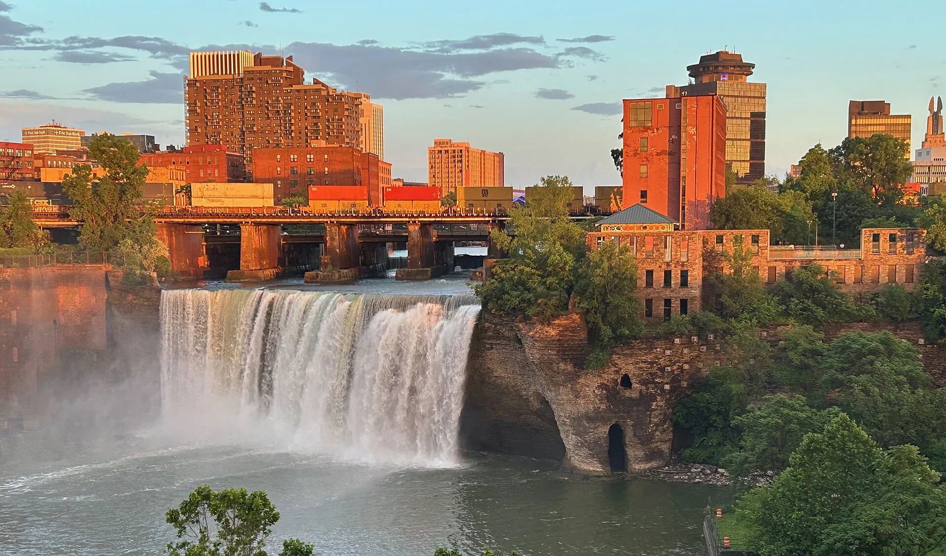 High Falls of the Genesee River viewed from the Pont de Rennes pedestrian bridge in downtown Rochester