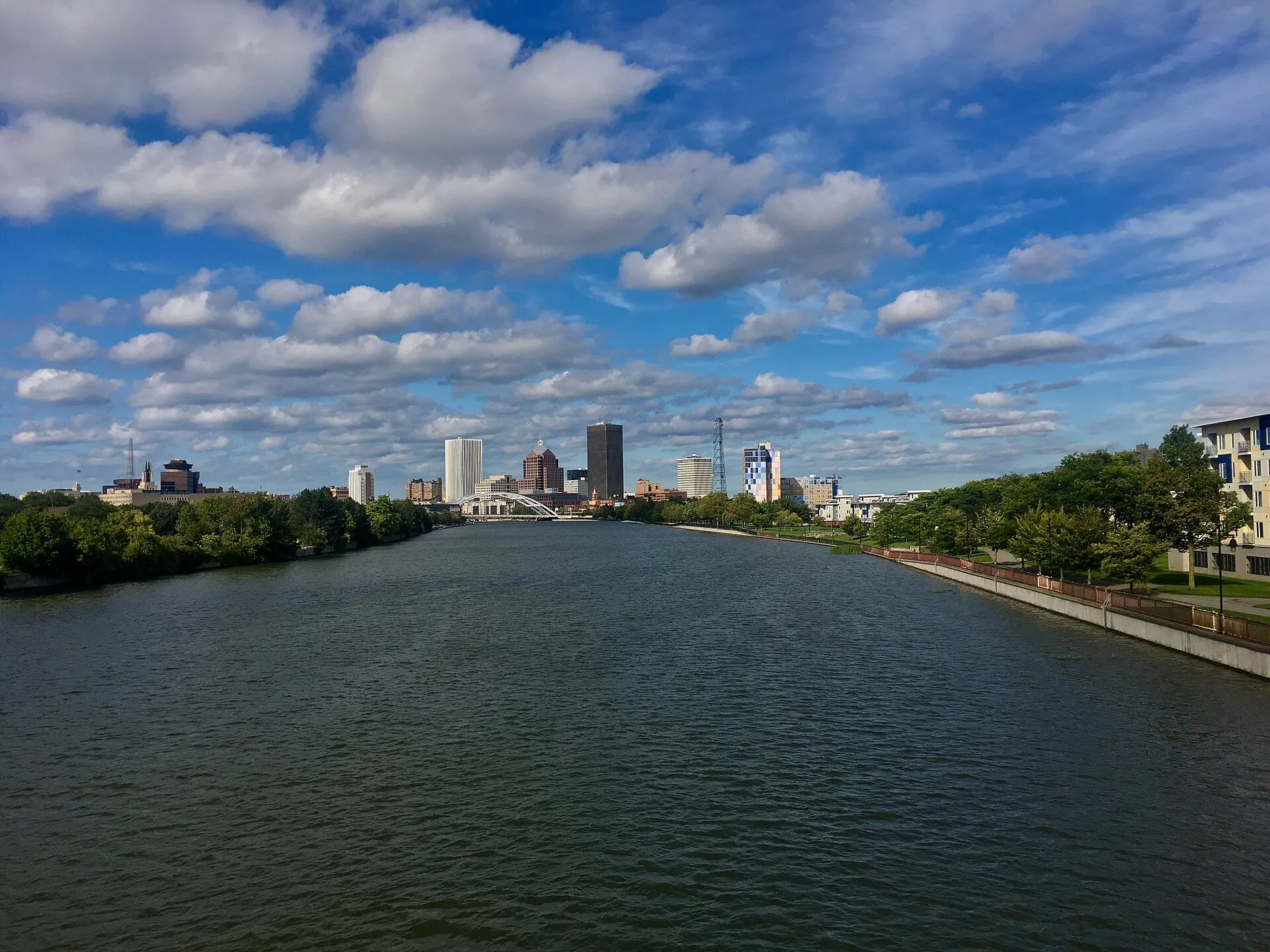 The Genesee River and downtown Rochester skyline from the Ford Street Bridge