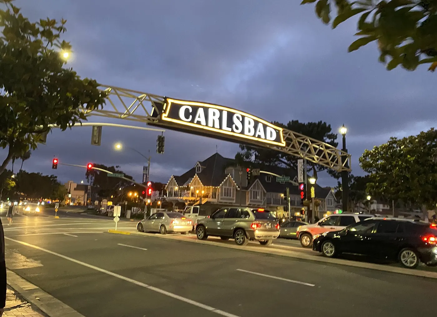 Village sign over Carlsbad Boulevard in downtown Carlsbad