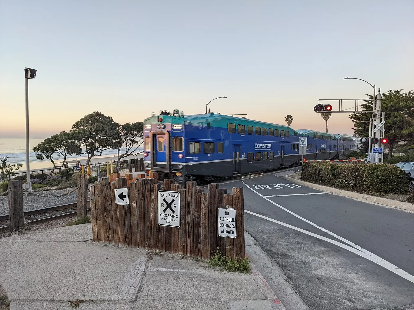 NCTD Coaster train crossing Coast Blvd near Powerhouse Park in Del Mar