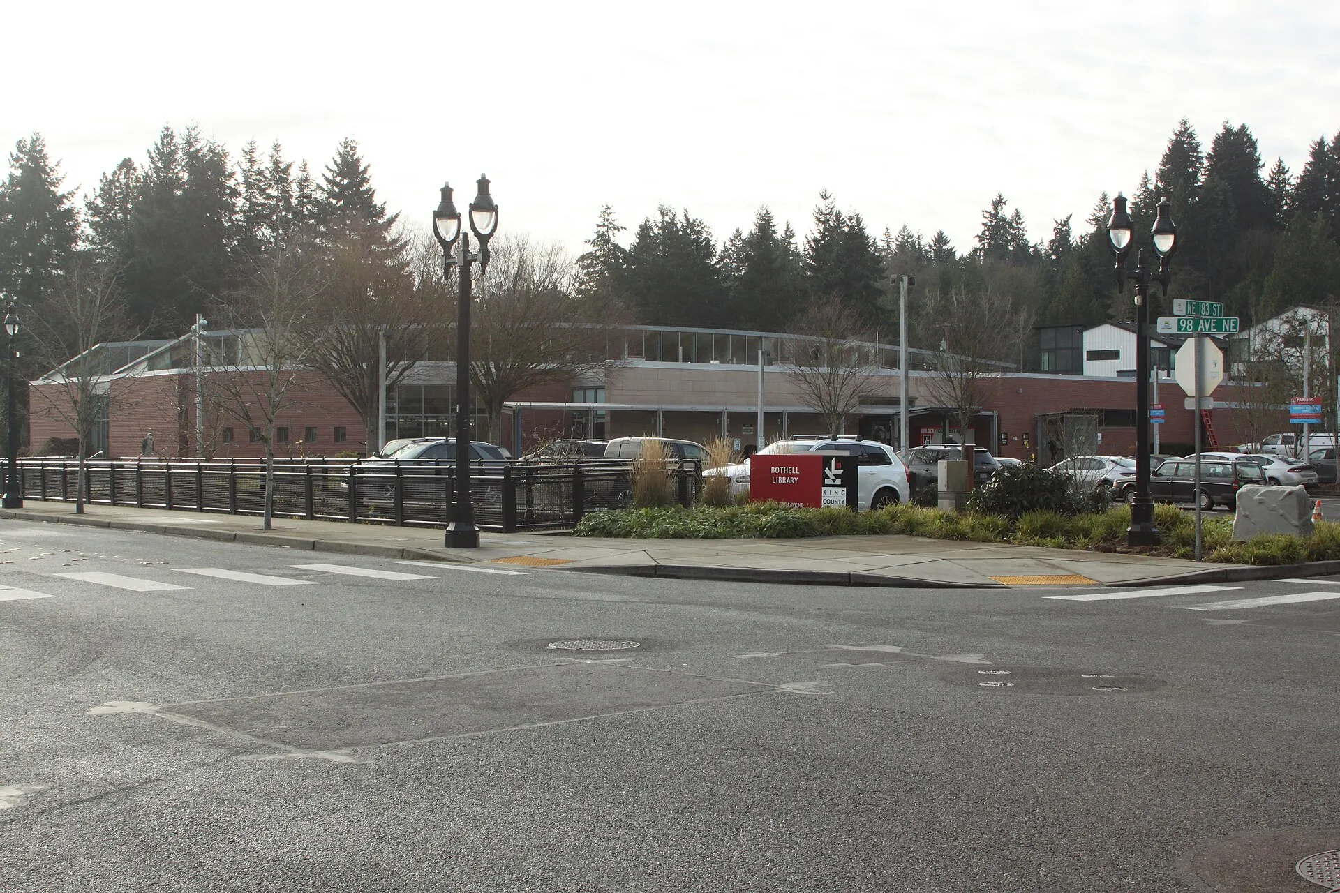 Bothell Library, part of the King County Library System, as seen from the intersection of 98th Ave NE and NE 183rd St.